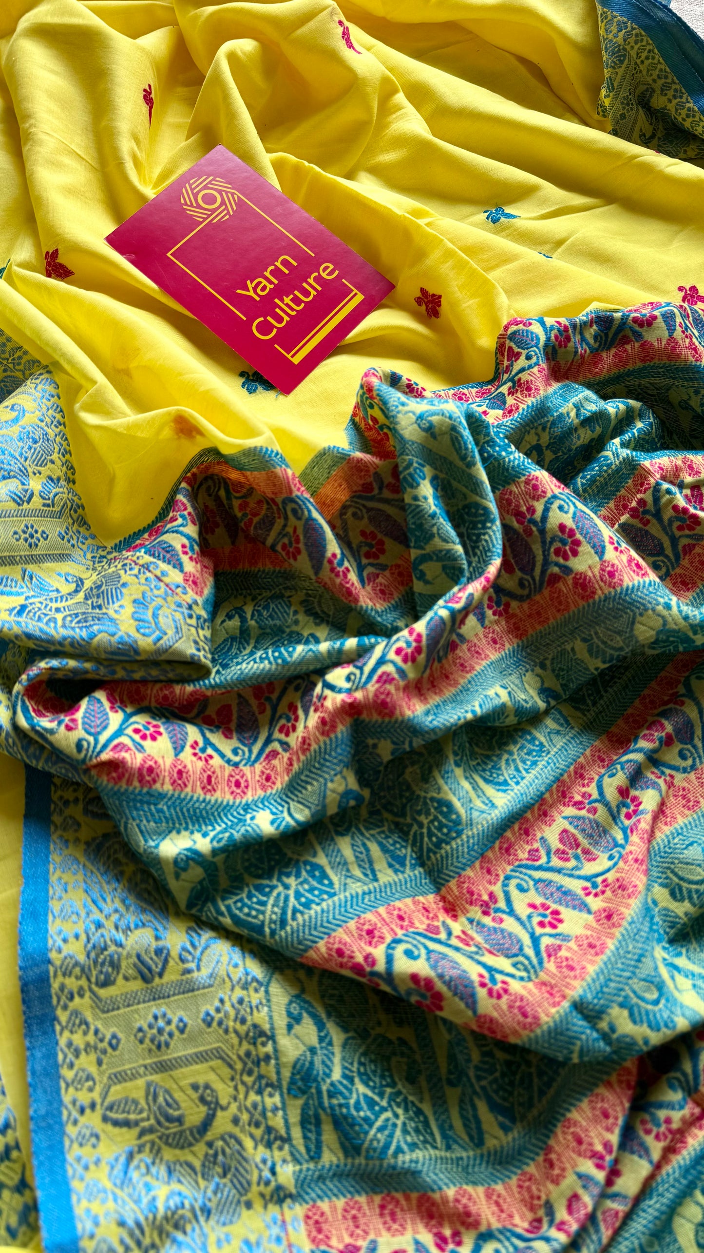 Yellow with blue, Baluchari-inspired soft cotton handwoven saree - YCHOTEBCJA226