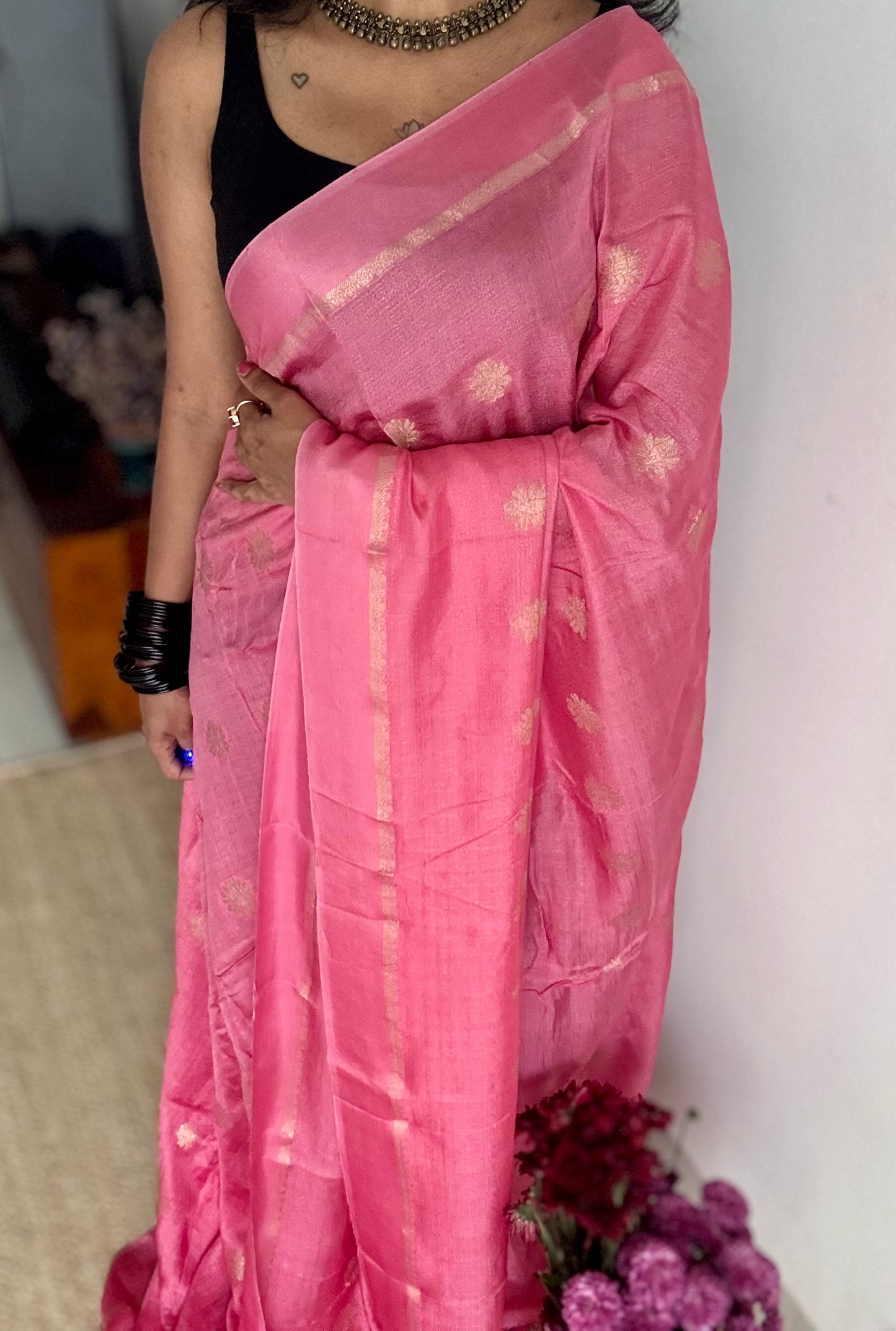 Onion pink in khadi silk, zari motifs - YCDOSFE15