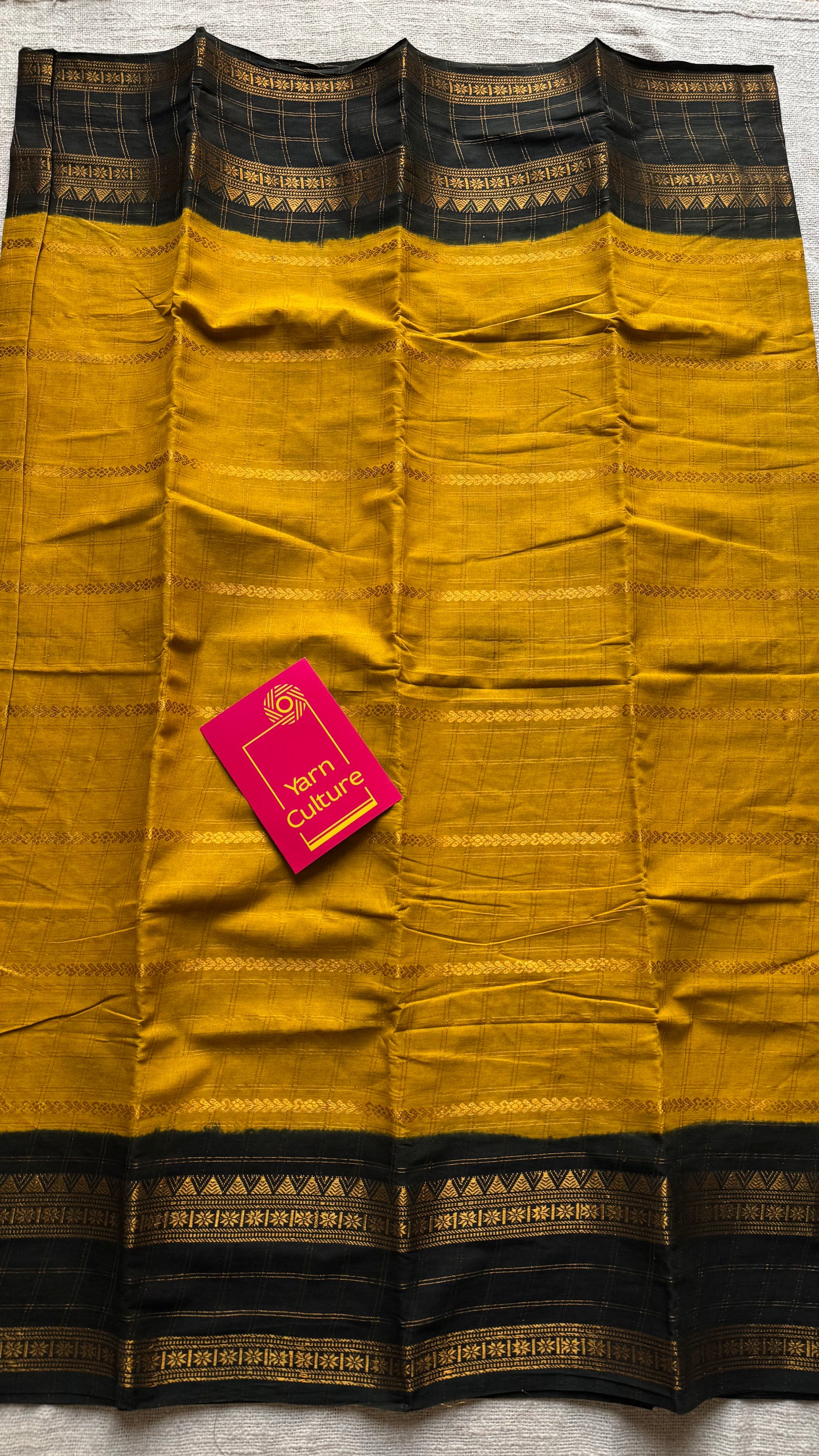 Ginger yellow with black, Adayar checks with velthaari pattern, madurai cotton - YCCOTNOCSC06
