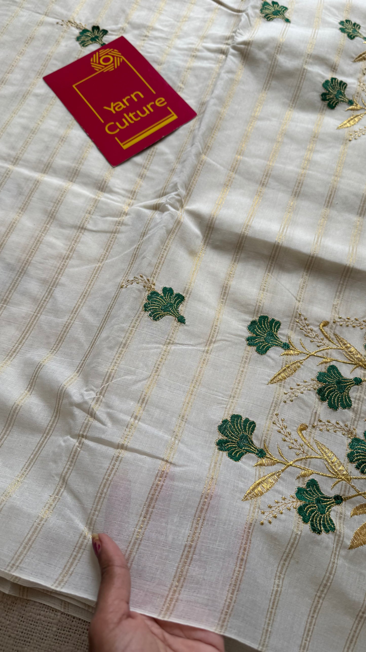 Ivory and gold with green flower embroidery, striped zari, kerala cotton - YCON25KCSFE260