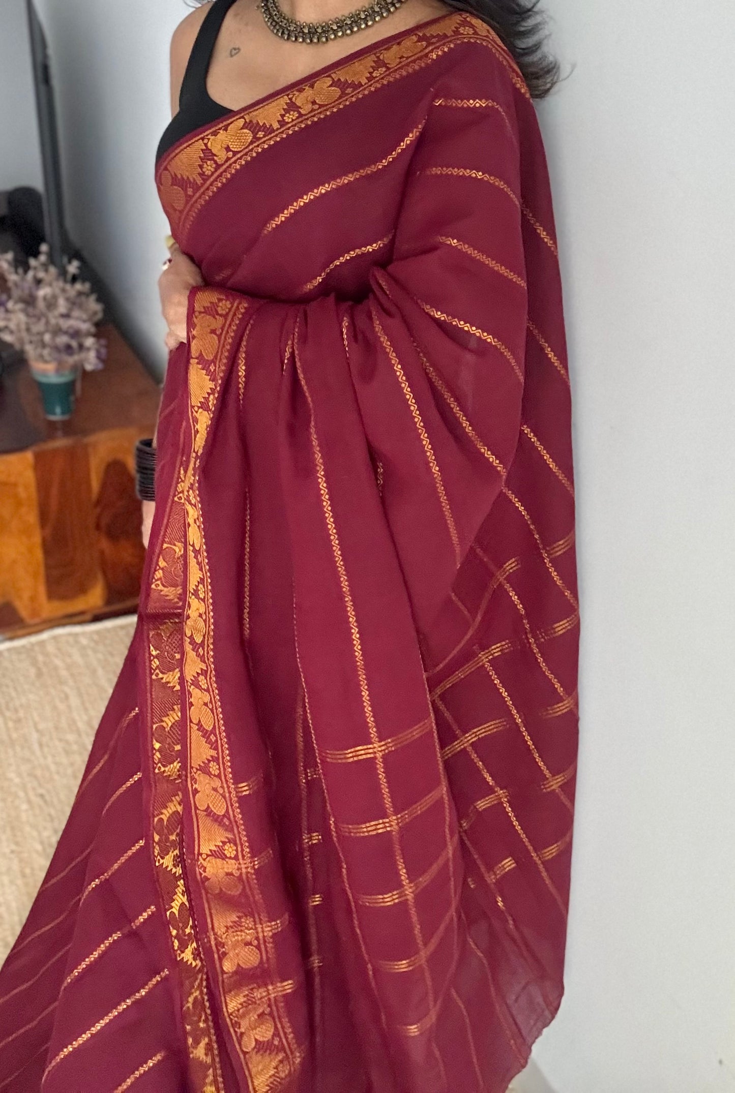Maroon veldhaari, kattuchayam dyed, madurai cotton - YCCOTNSEMS86