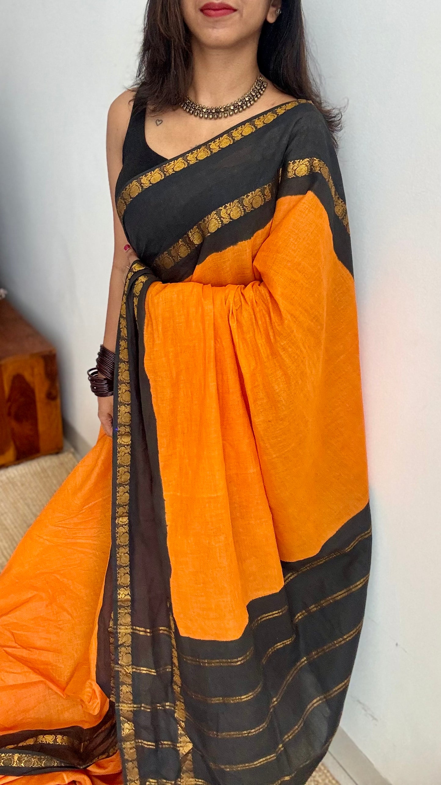 Fanta orange and black, rettaipettu peacock double border, madurai soft cotton - YCCOTNJULRS01