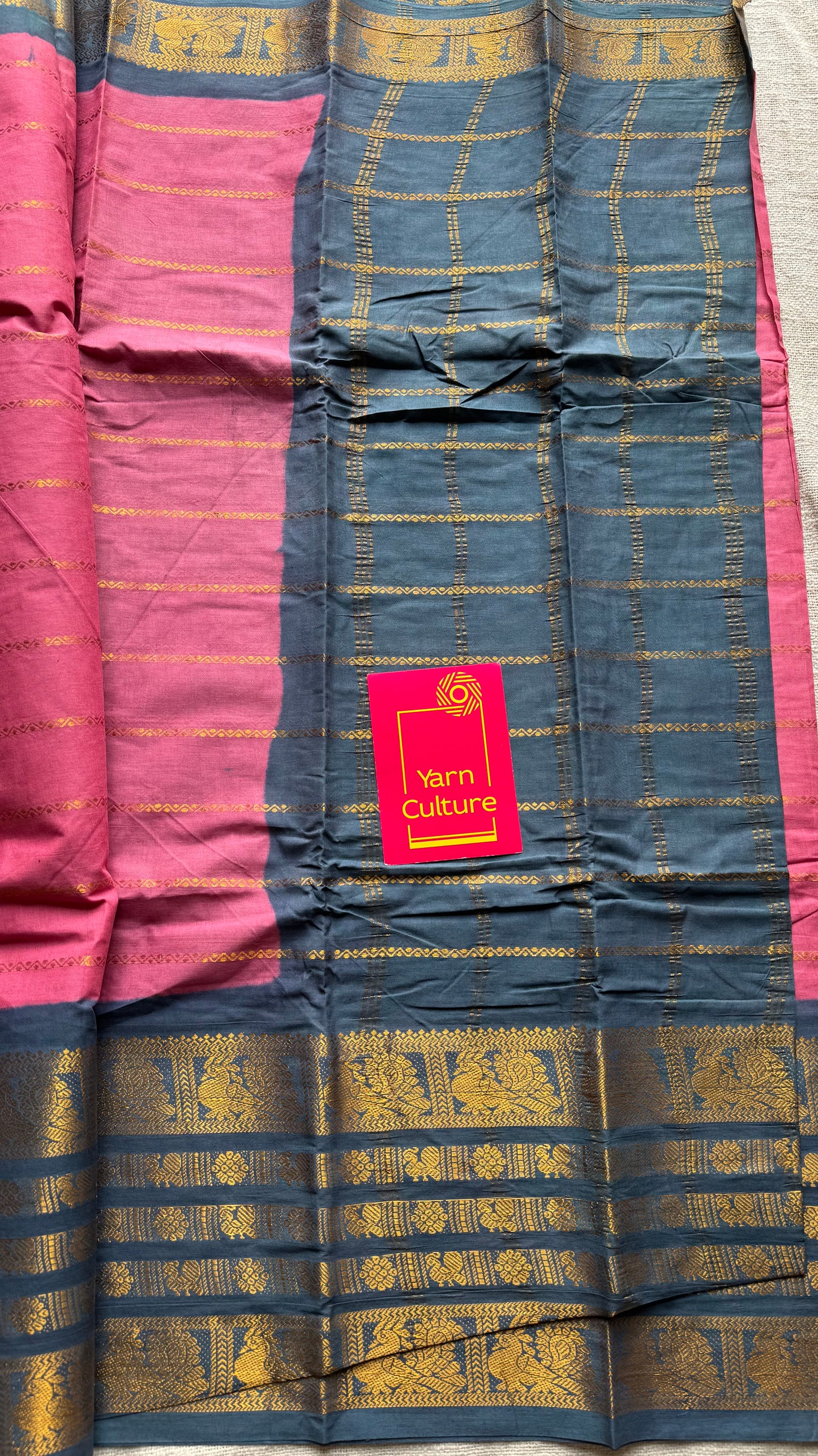 Pink with grey, peacock rudraksham motif, single side broad zari - madurai kattuchayam dyed - YCCOTNAUS32