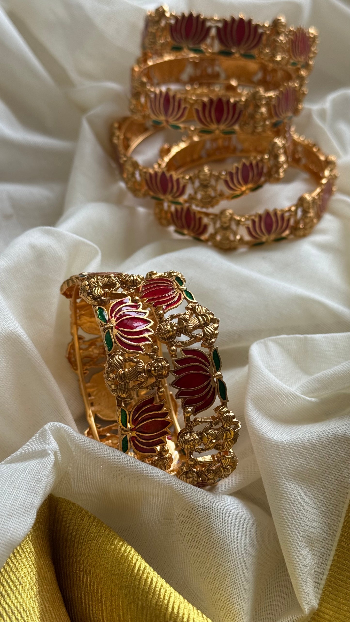 Dark pink with green lotus bangles (set of 2) - YCAGBG98