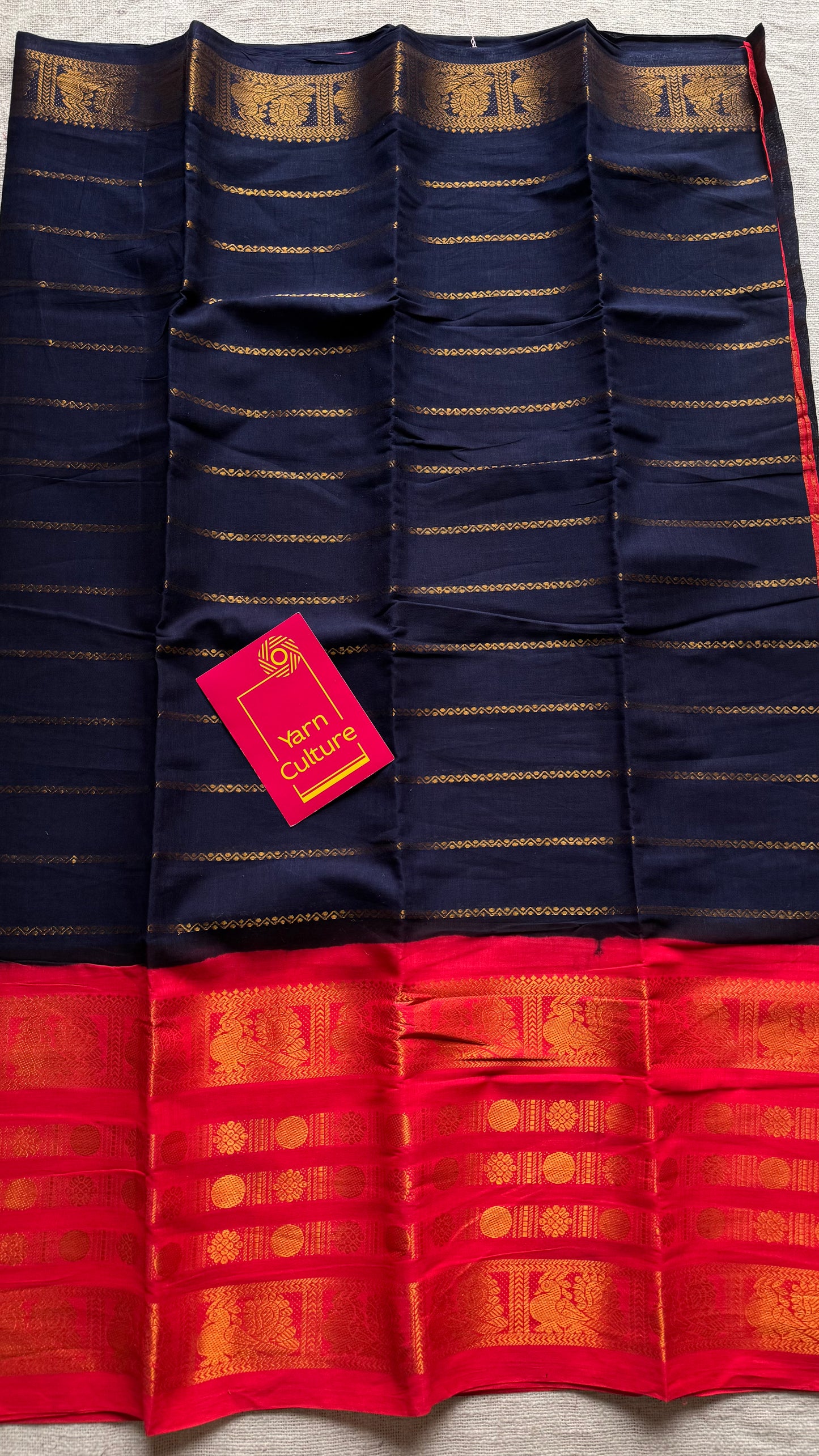 Dark blue, bright red, peacock rudraksham motif, single side broad zari - madurai kattuchayam dyed - YCCOTNAURS15