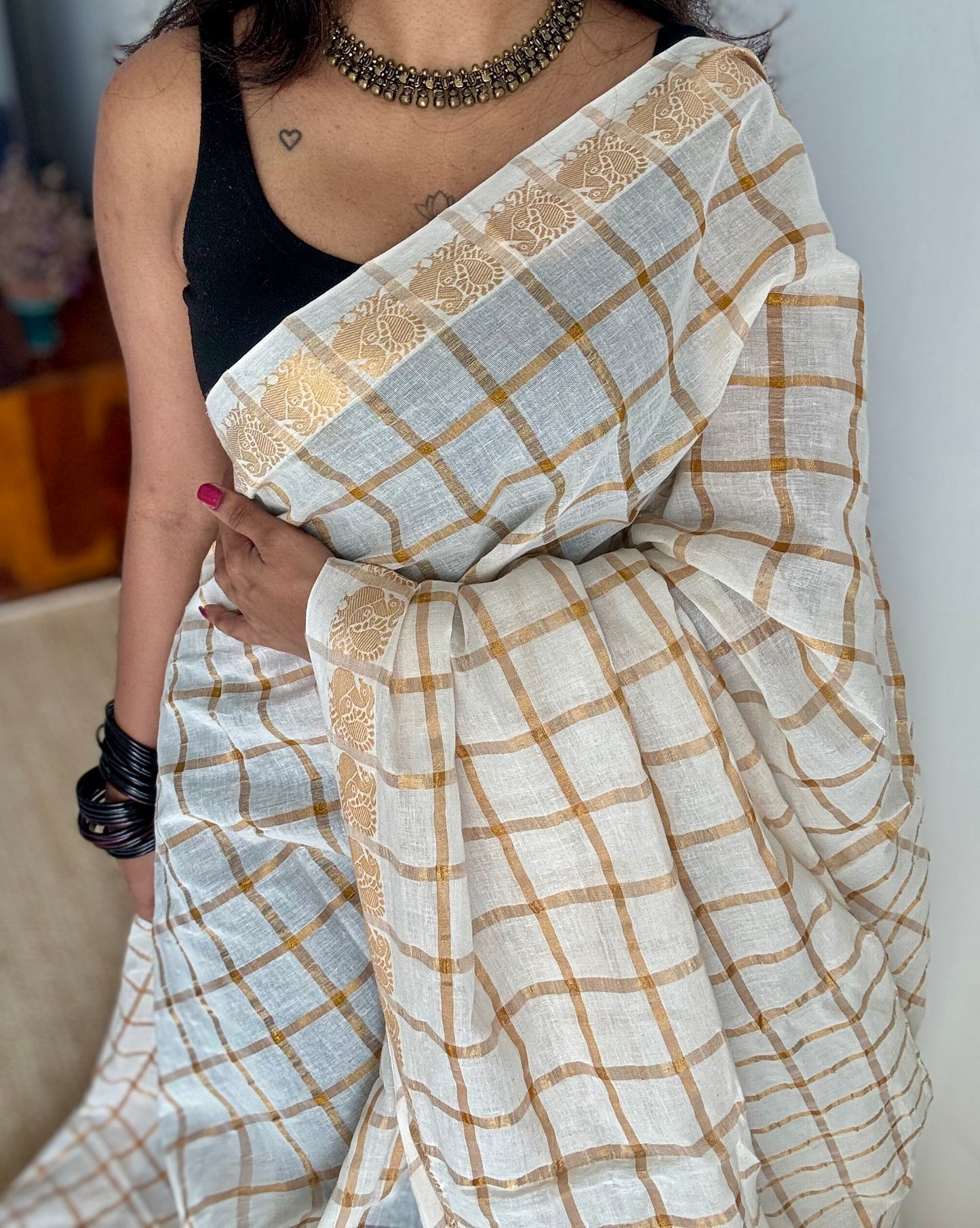Ivory and gold, pavithra kattam checks, madurai soft cotton - YCCOTNAUS50