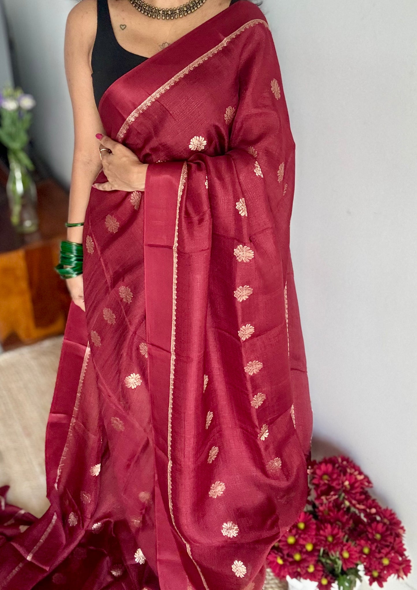 Deep maroon in khadi silk, zari motifs - YCDOSFE22