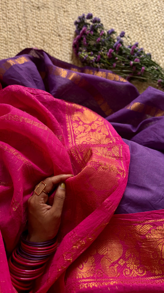 Alli (அல்லி) : pink with purple, sungudi cotton - YCENOID01