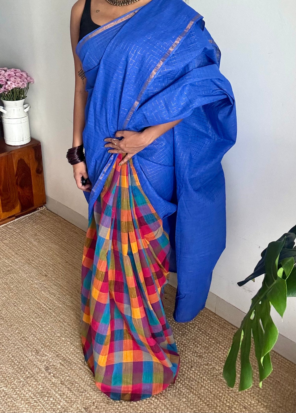 Blue with multicoloured madras checks, cotton half and half saree - YCCOTNIDOC160