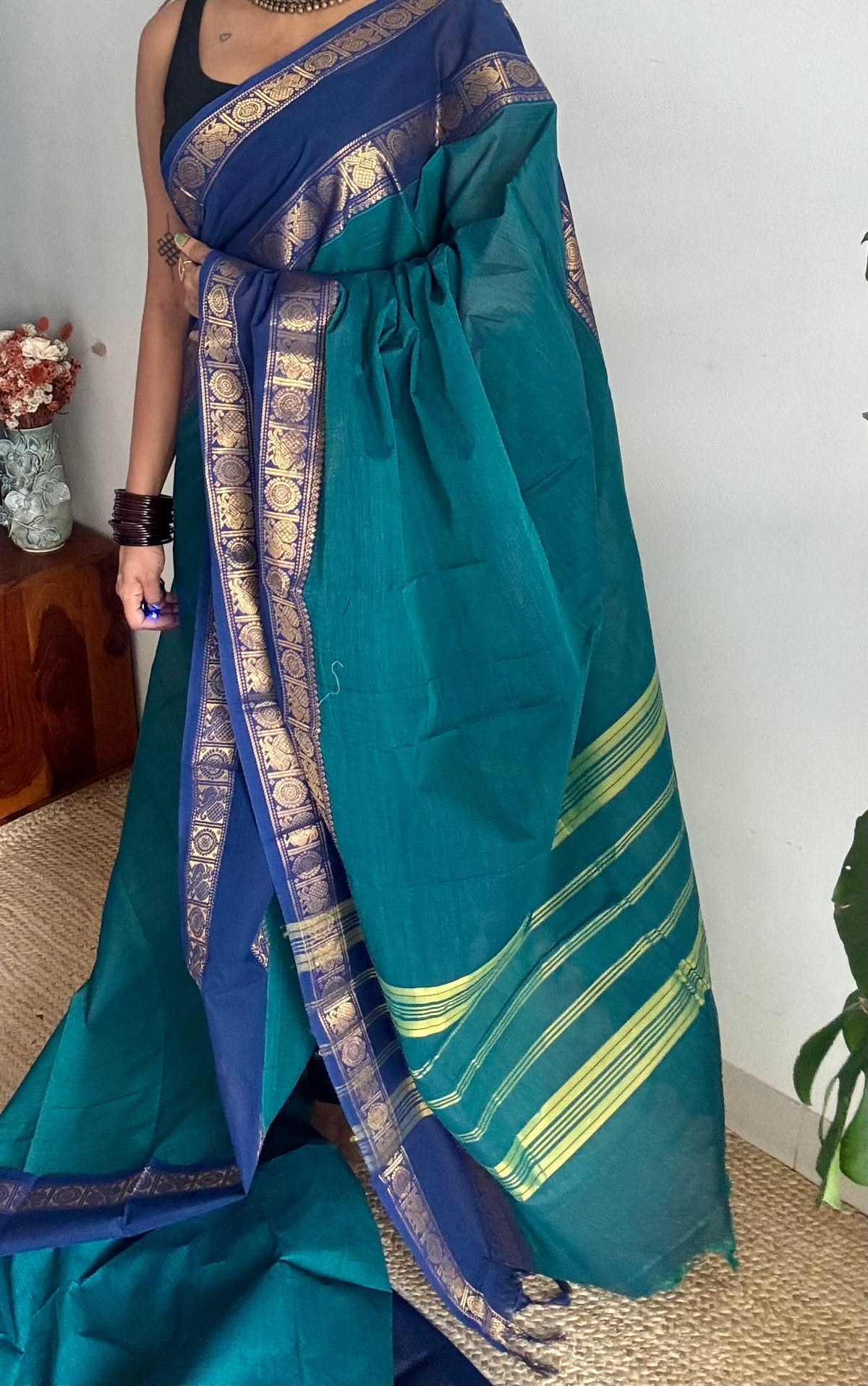 Peacock blue with blue rettaipet double zari border, kanchi cotton saree - YCCOTNCCOC112