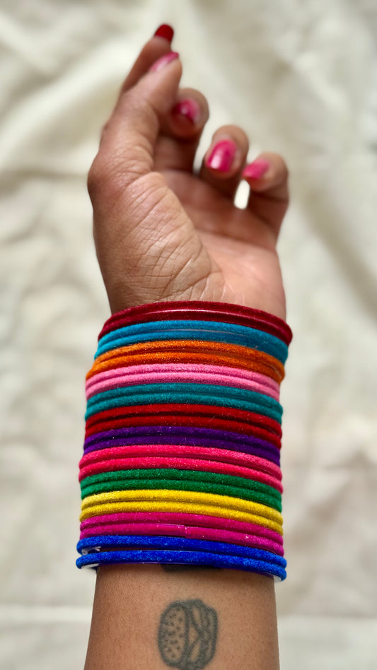 Velvet glass bangles, set of 12 colours, each comes as a set of 12 units, total 144 bangles in a set - YCBANGL341