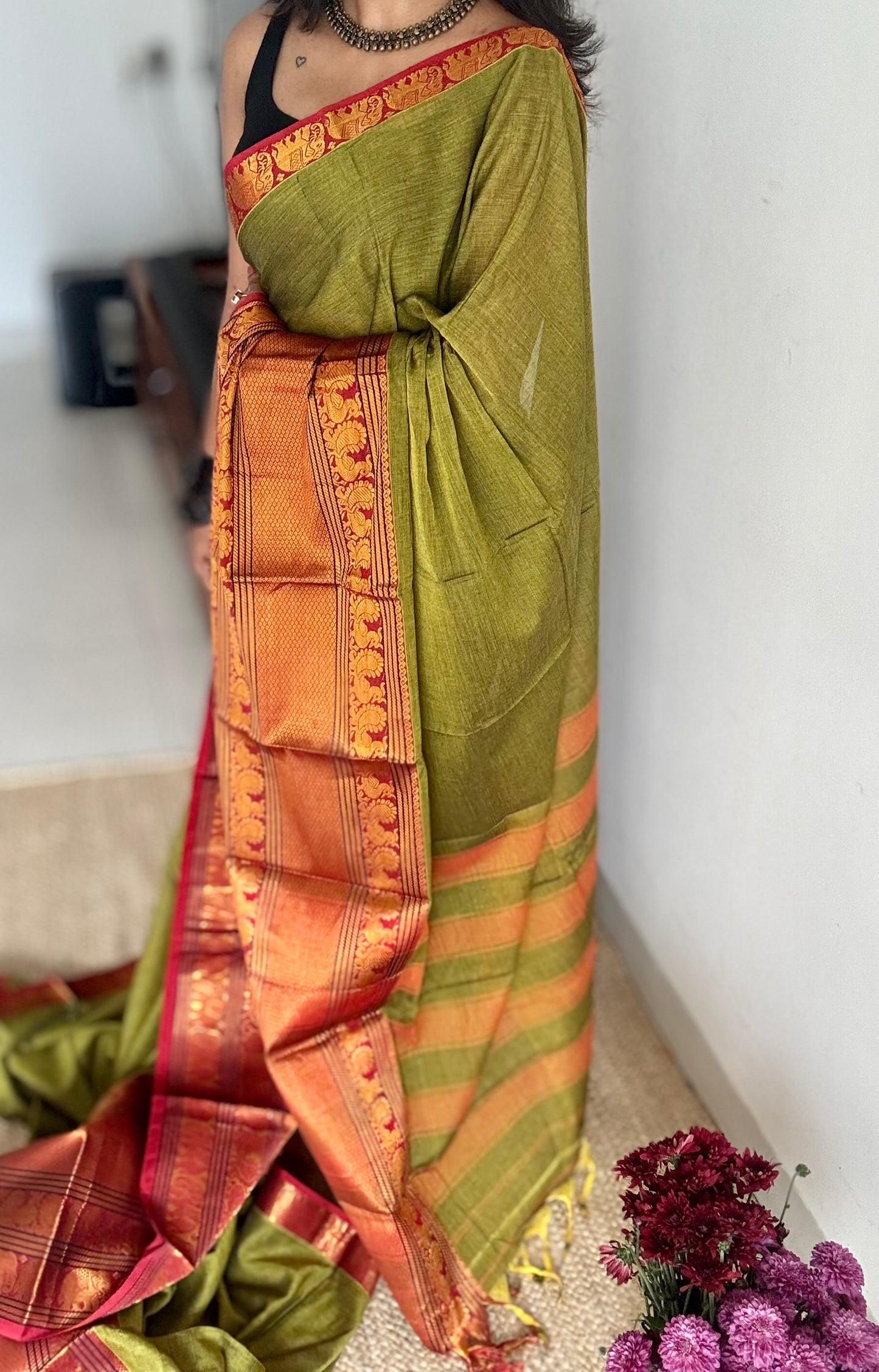 Parrot green with broad zari border, premium narayanpet, soft cotton - YCWOTDFEBB05