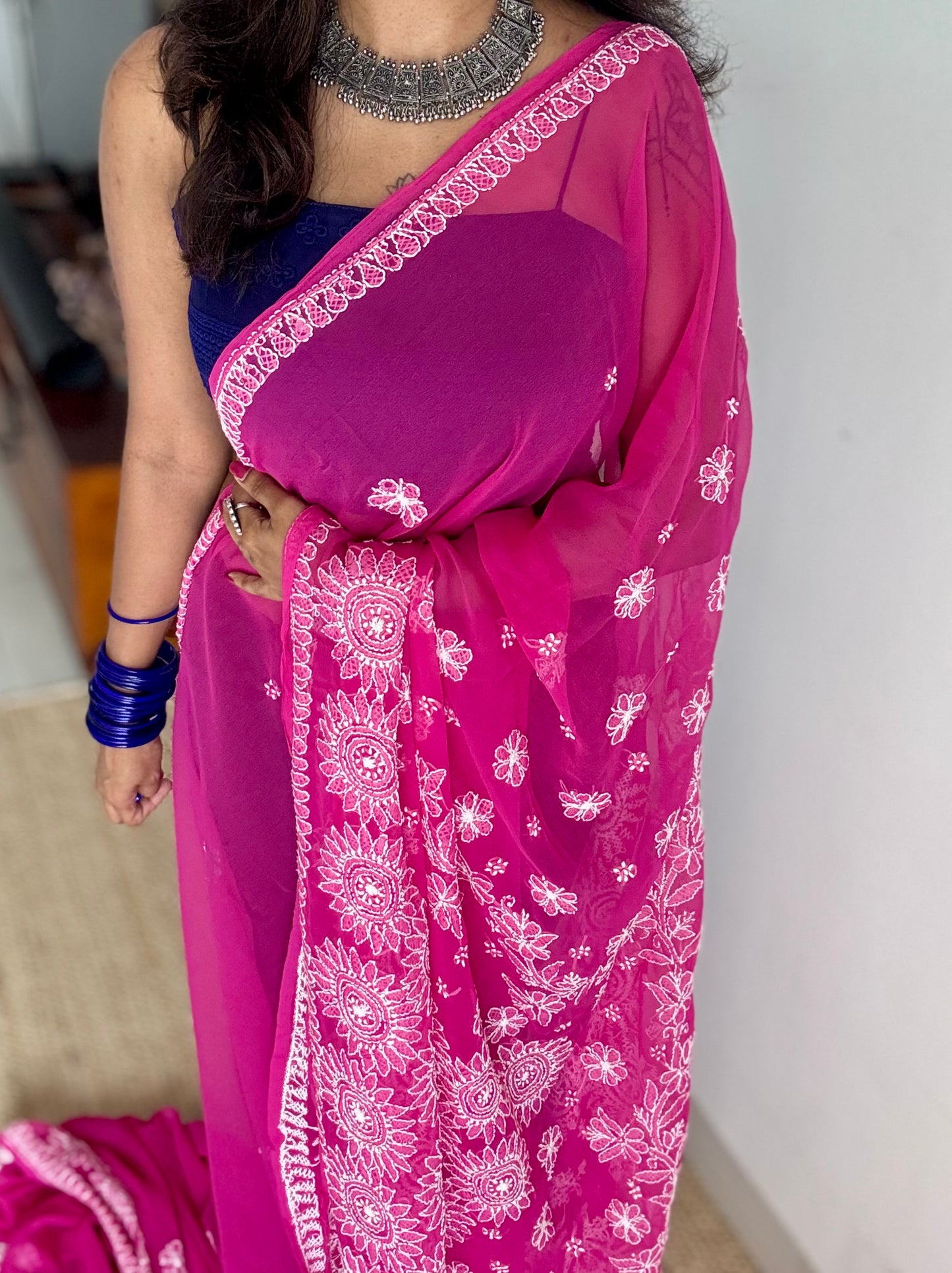 Sham-e-Shahzadi (evening of a princess) - Hot pink Chikankari, georgette YCSLCJULCK04
