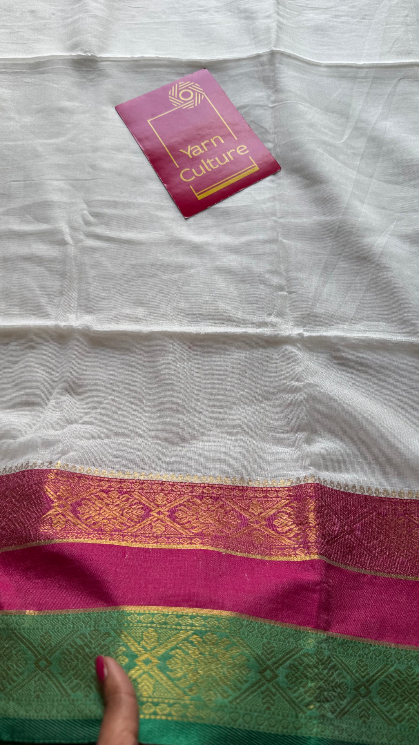 White mul with hot pink, green zari patterned border - YCBCMCLSE46