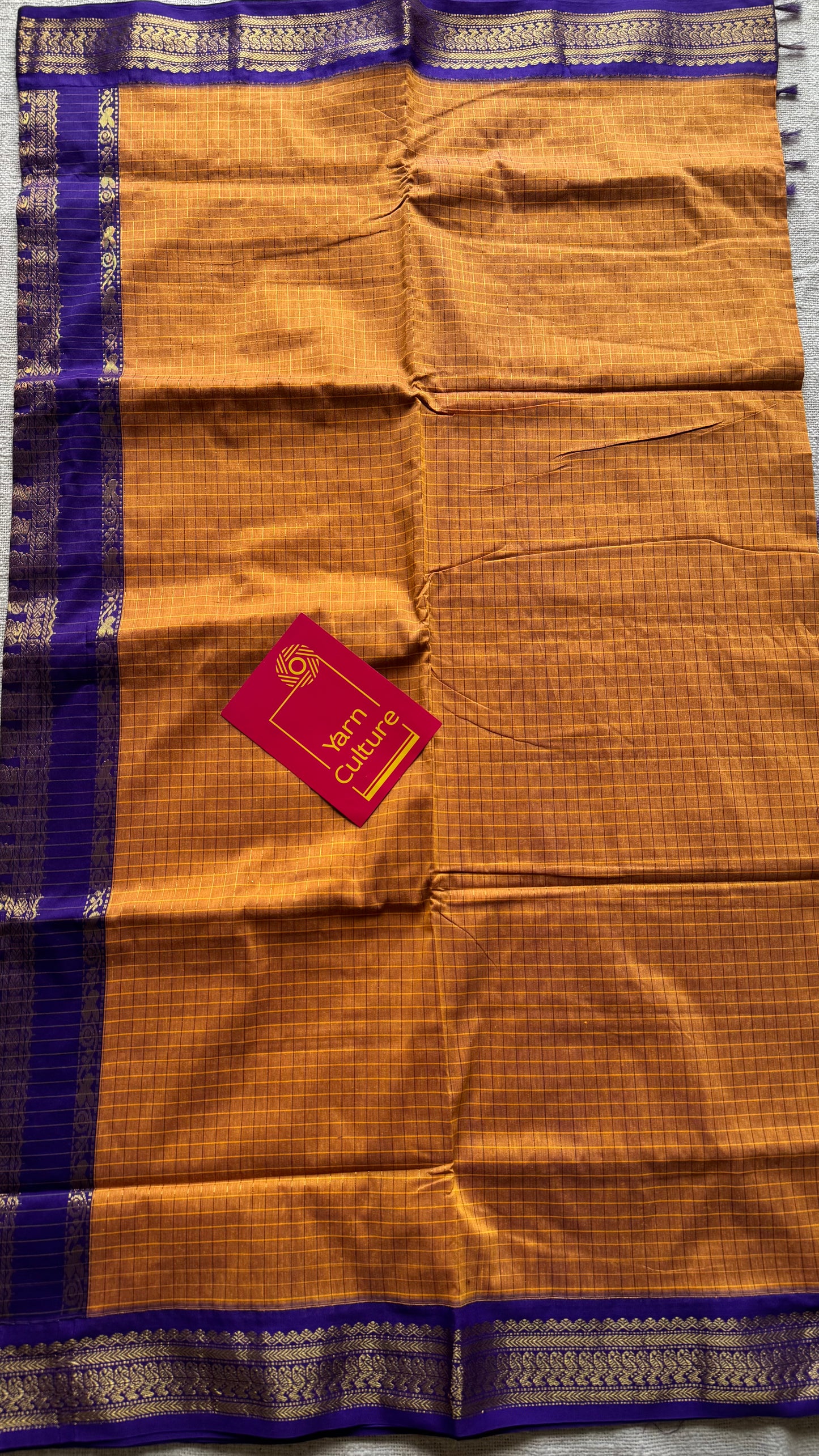 Yellowish orange with purple, checks - cotton silk - YCCOTNOCKC39