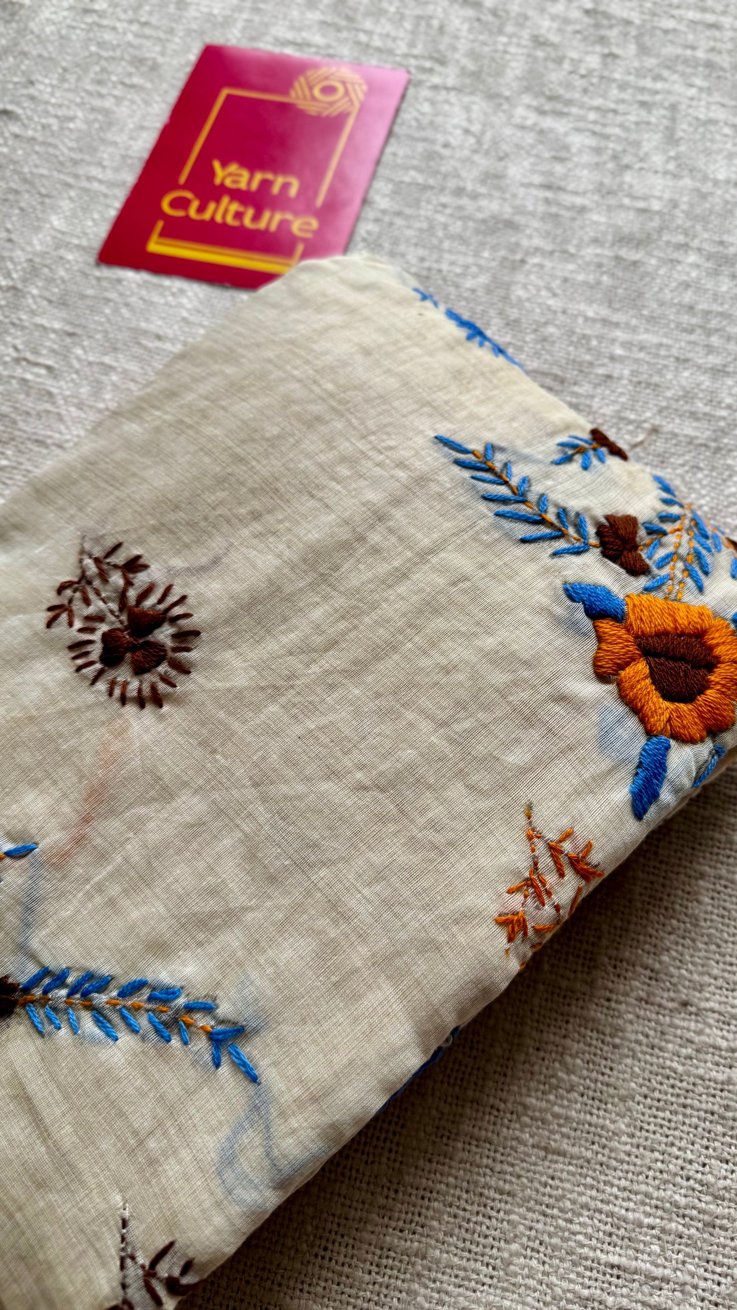 Ivory maheshwari cotton silk blend with yellow and blue floral kantha threadwork - YCBLAUMK11