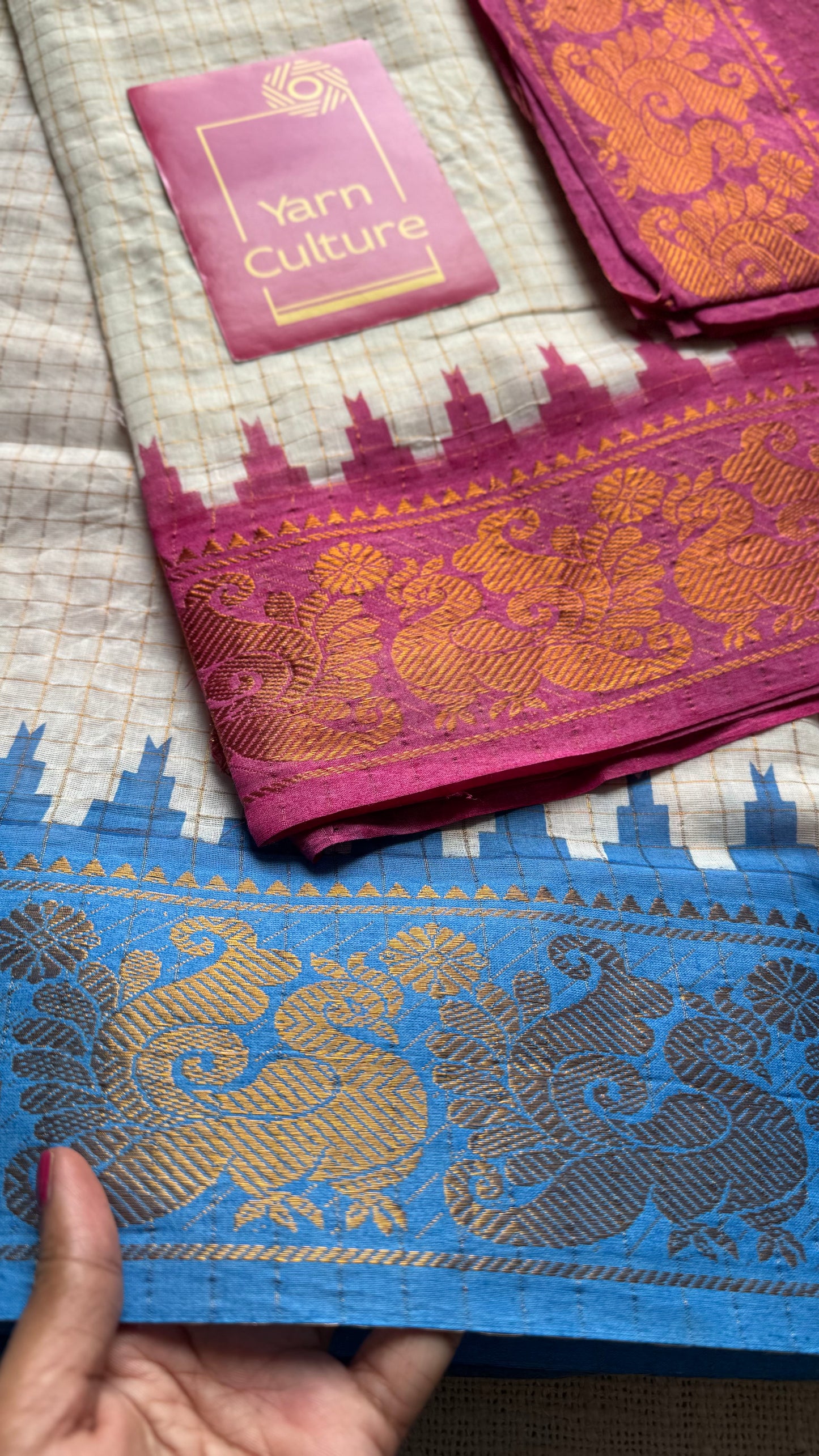 Sungudi cotton checks, ivory gold base, pink and blue dual tone border, soft cotton - YCCOTNAUS45