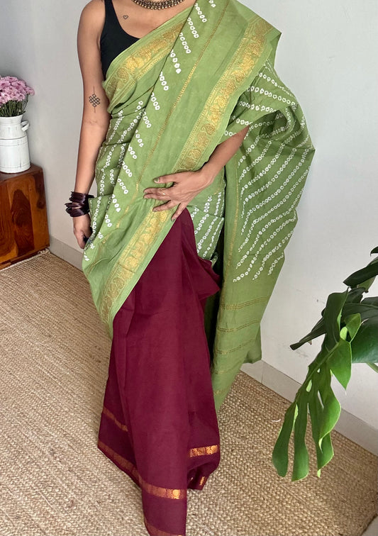 Pista green with maroon, cotton half and half saree - YCCOTNIDOC140