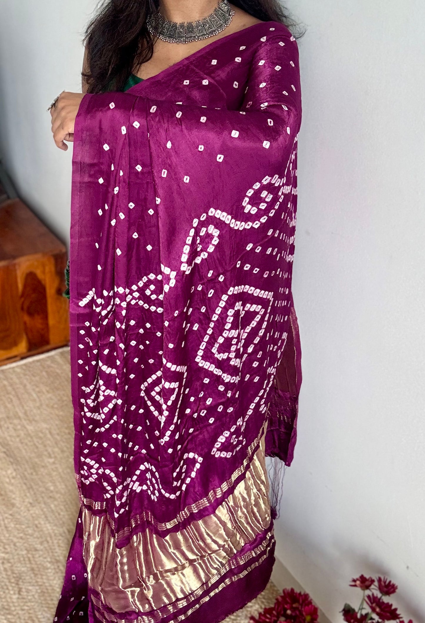 Wine crushed bandhani modal silk with lagdi patta (zari pallu) - YCDESE29