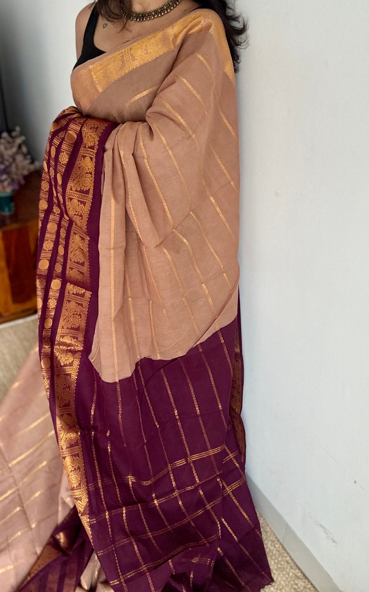 Light brown with maroon, peacock rudraksham motif, single side broad zari - madurai kattuchayam dyed - YCCOTNAURS17