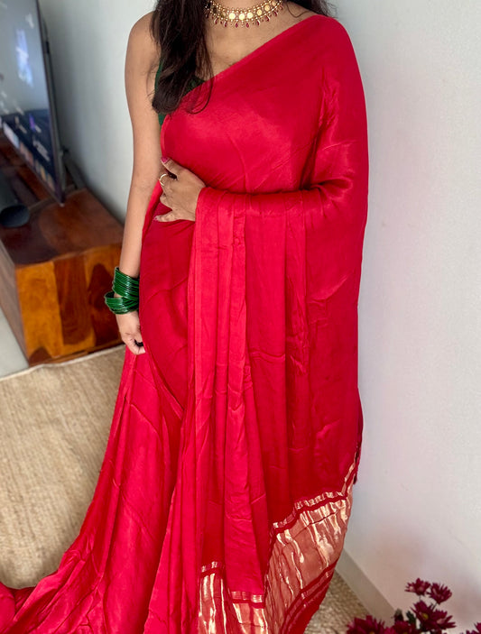 Red Modal Silk with Lagadi patta (gold pallu) - YCDESE24