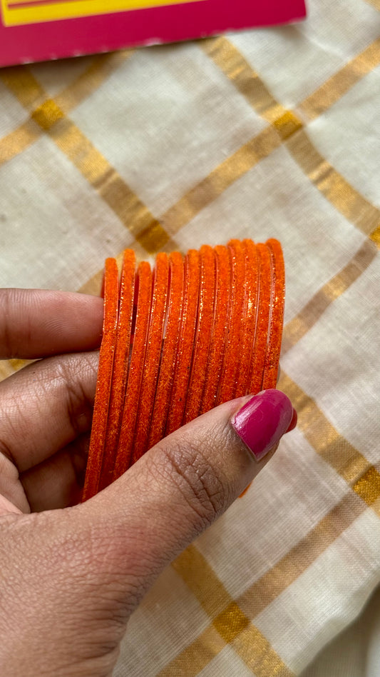 Orange velvet glass bangles, set of 12 - YCBANGL353