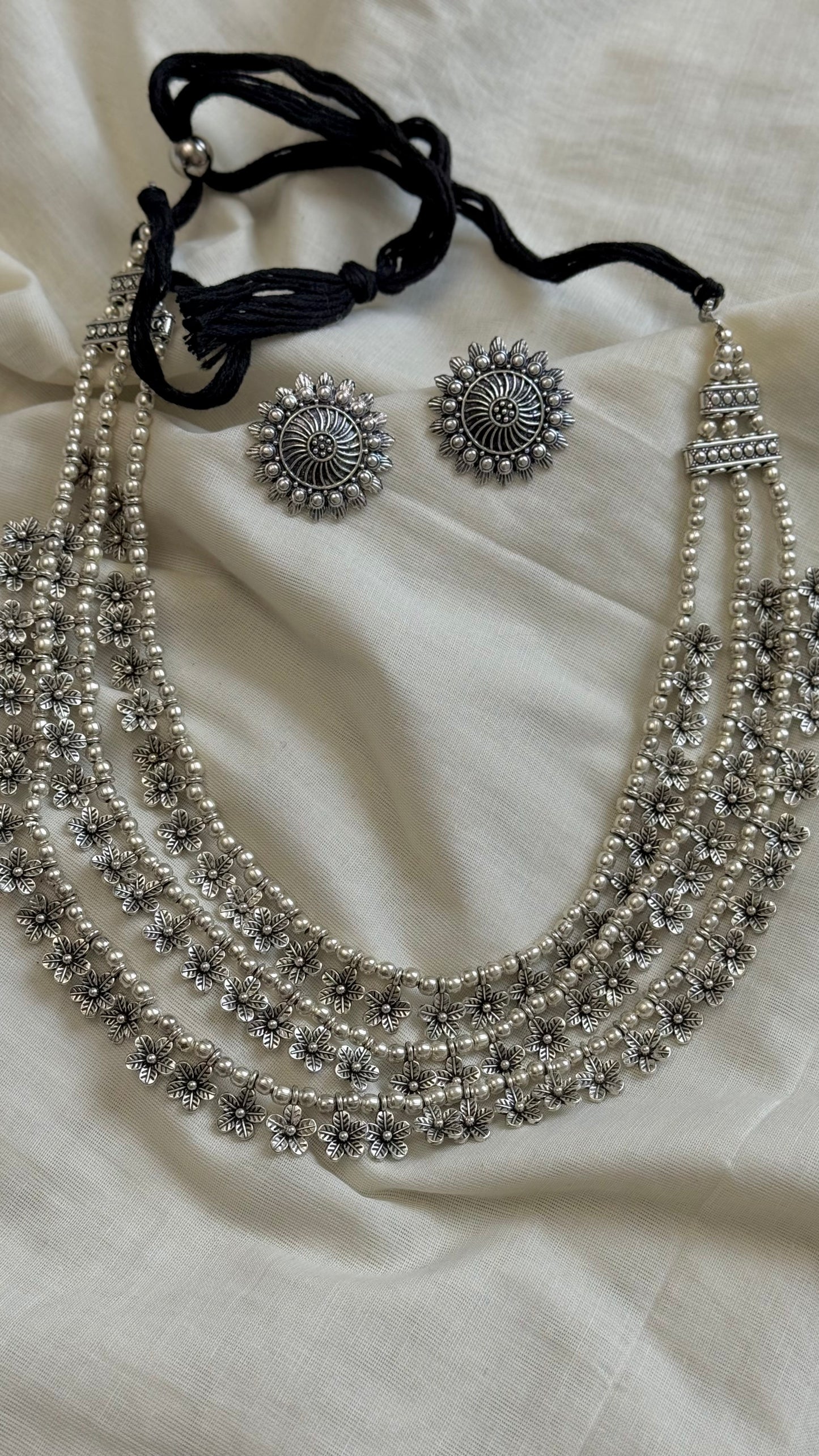 Three layered floral neckpiece, oxidised silver - YCOSNP309