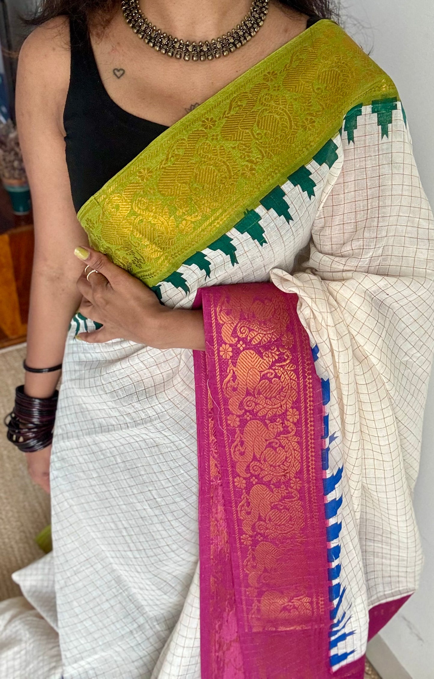Sungudi cotton checks, ivory gold base, green and magenta dual tone border, soft cotton - YCCOTNSEMS60