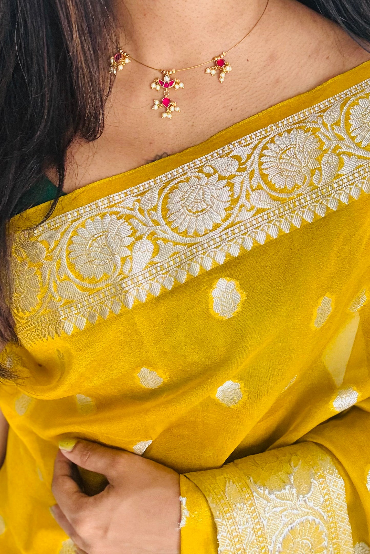 Invisible neckchain with jadau kundan stones & pearl hangings - ruby, white - YCGPNP692