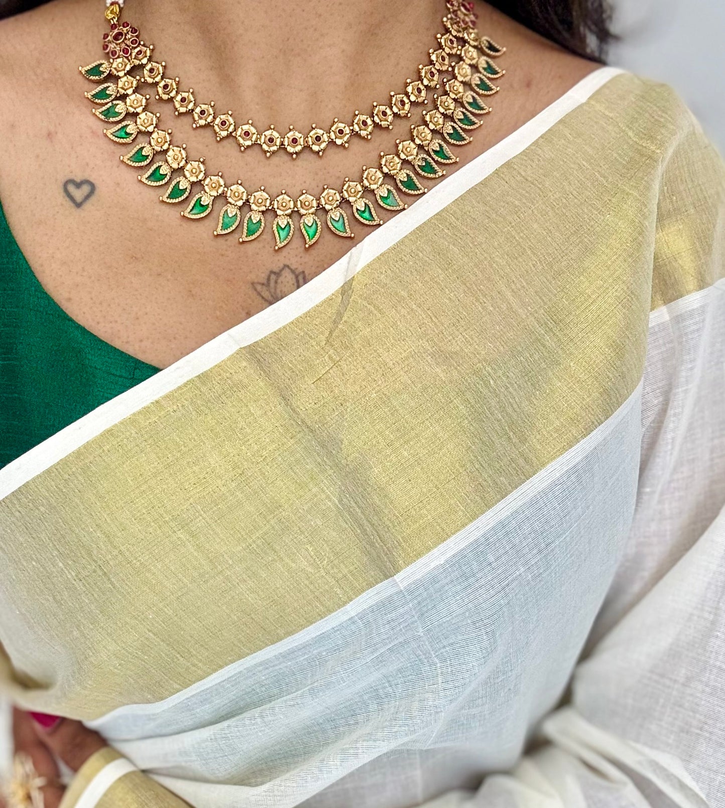 Green palakka double layered necklace in antique gold - YCAGC41