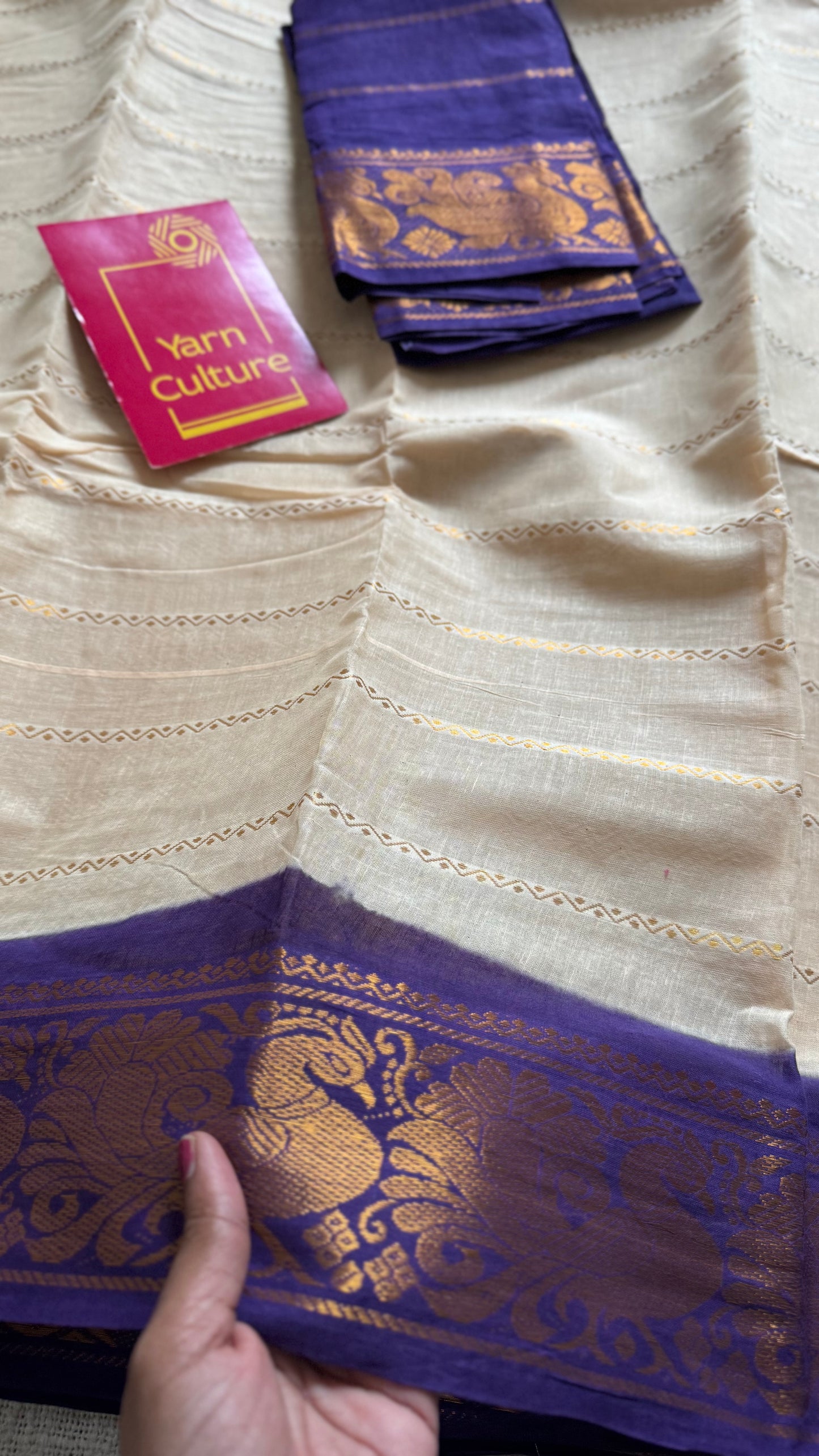 Cream with purple, peacock motif border - madurai kattuchayam dyed - YCCOTNAUS20