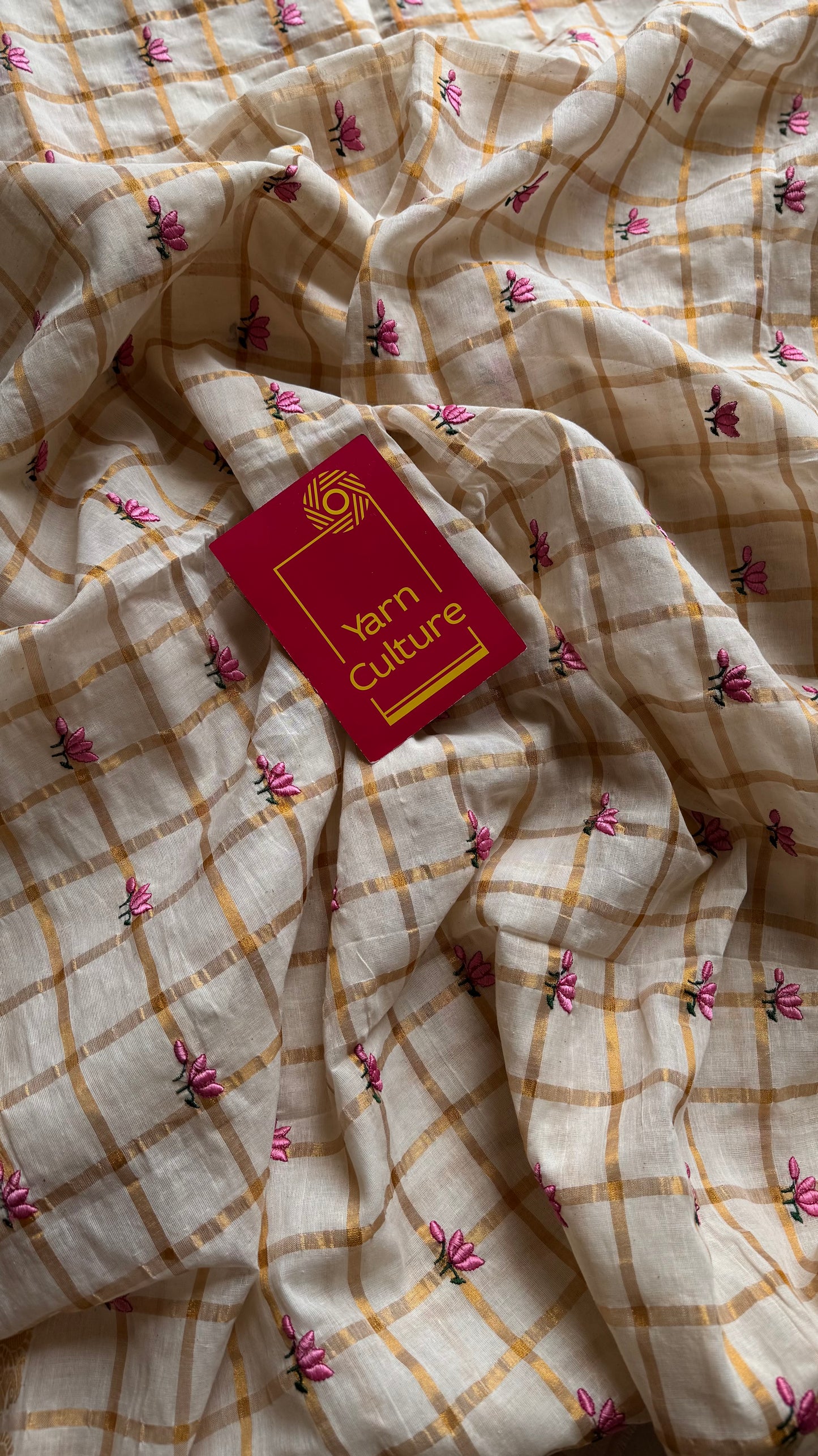 Sruthi : Thaamara Kattam - pink lotus embroidery, ivory & gold, soft cotton - YCONKCE273