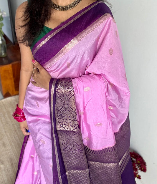 Pink with purple border, Banarasi semi-silk - YCDESE04