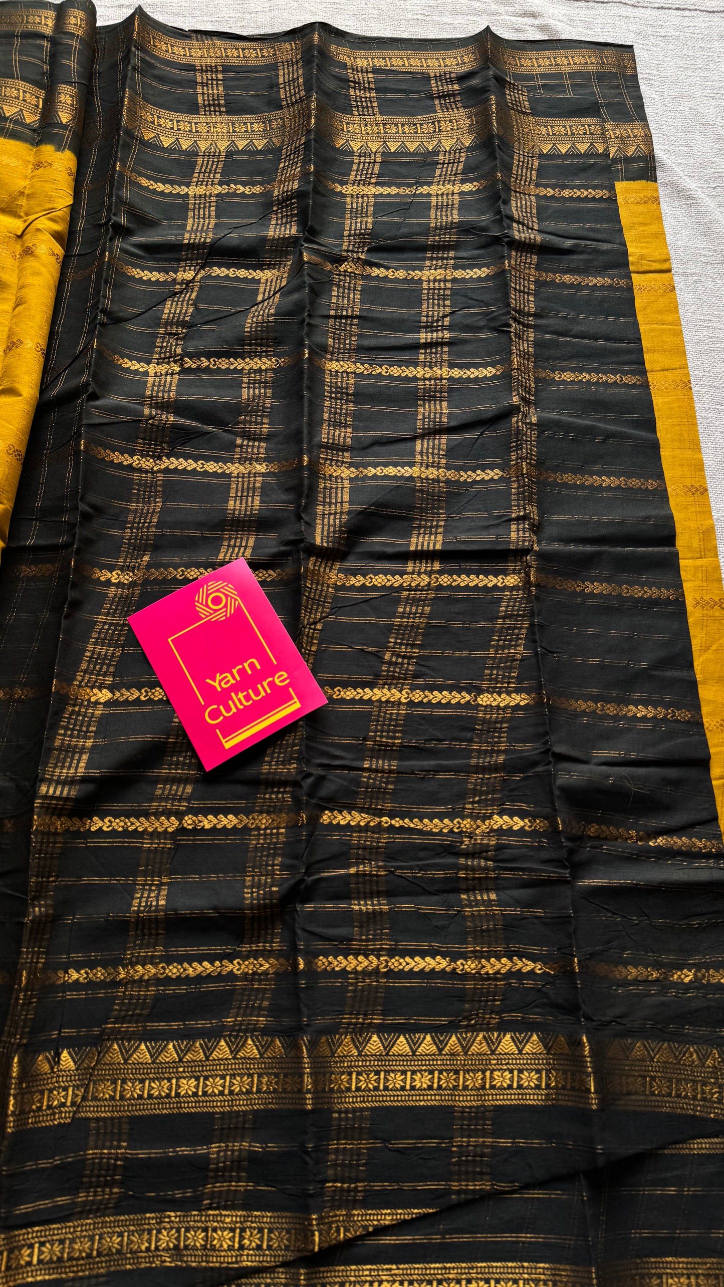 Ginger yellow with black, Adayar checks with velthaari pattern, madurai cotton - YCCOTNOCSC06
