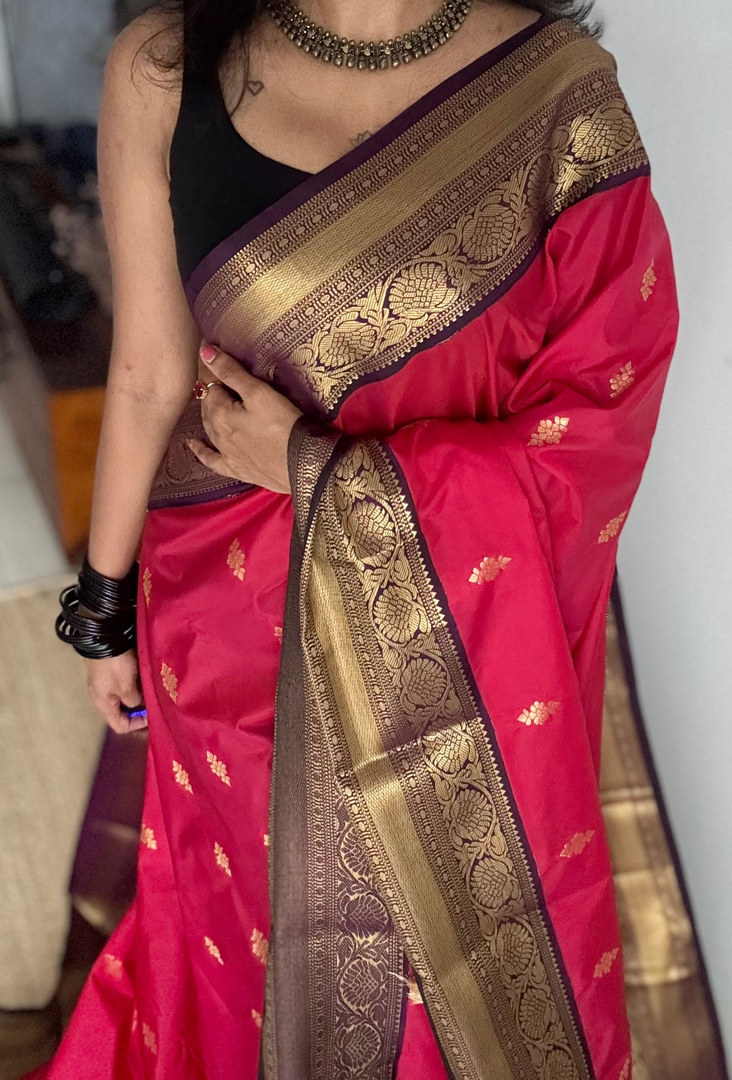Vamika - rani pink with deep grape purple, handloom korvai semi silk - YCCOTNFEJUKS05