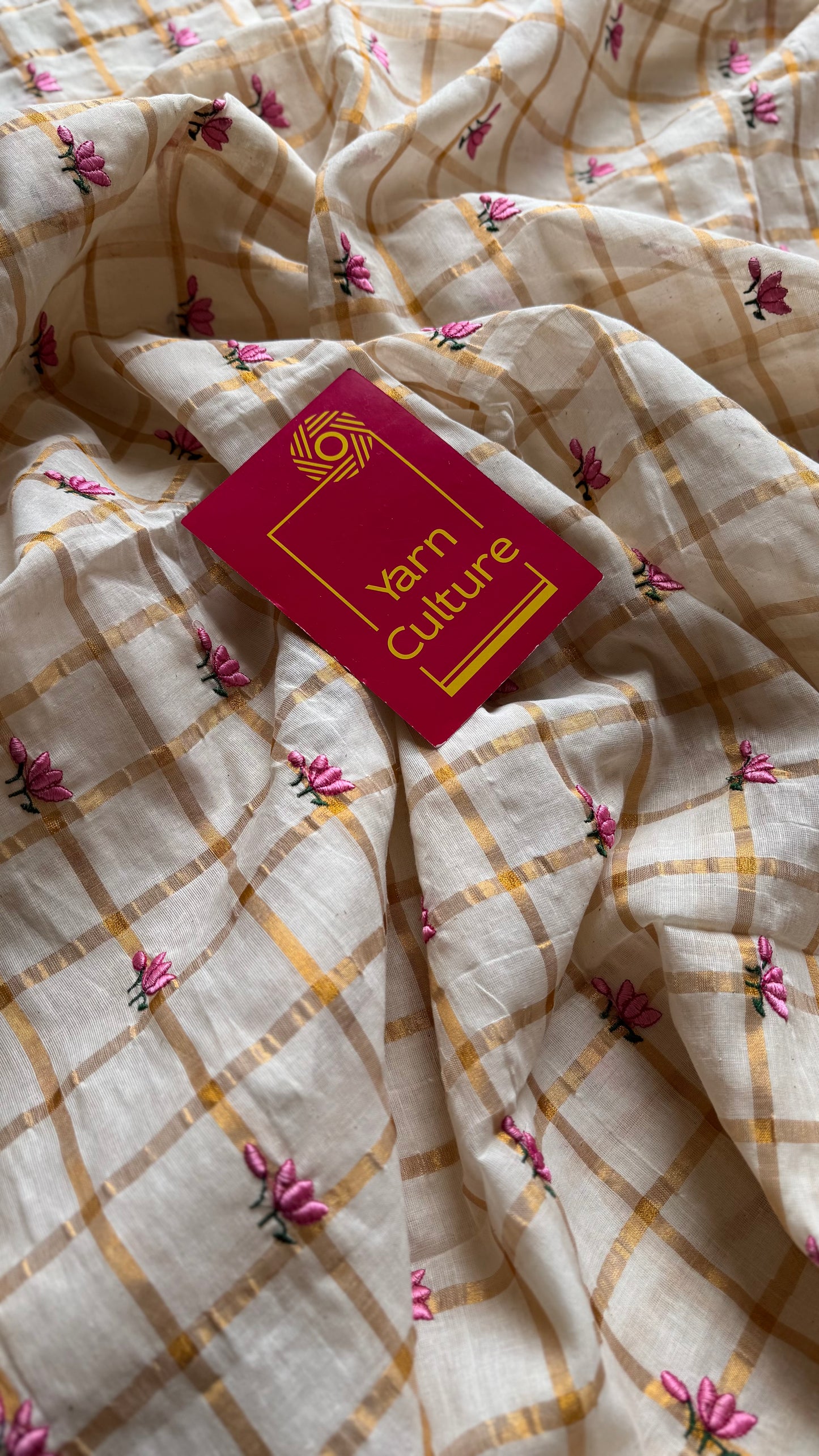Sruthi : Thaamara Kattam - pink lotus embroidery, ivory & gold, soft cotton - YCONKCE273