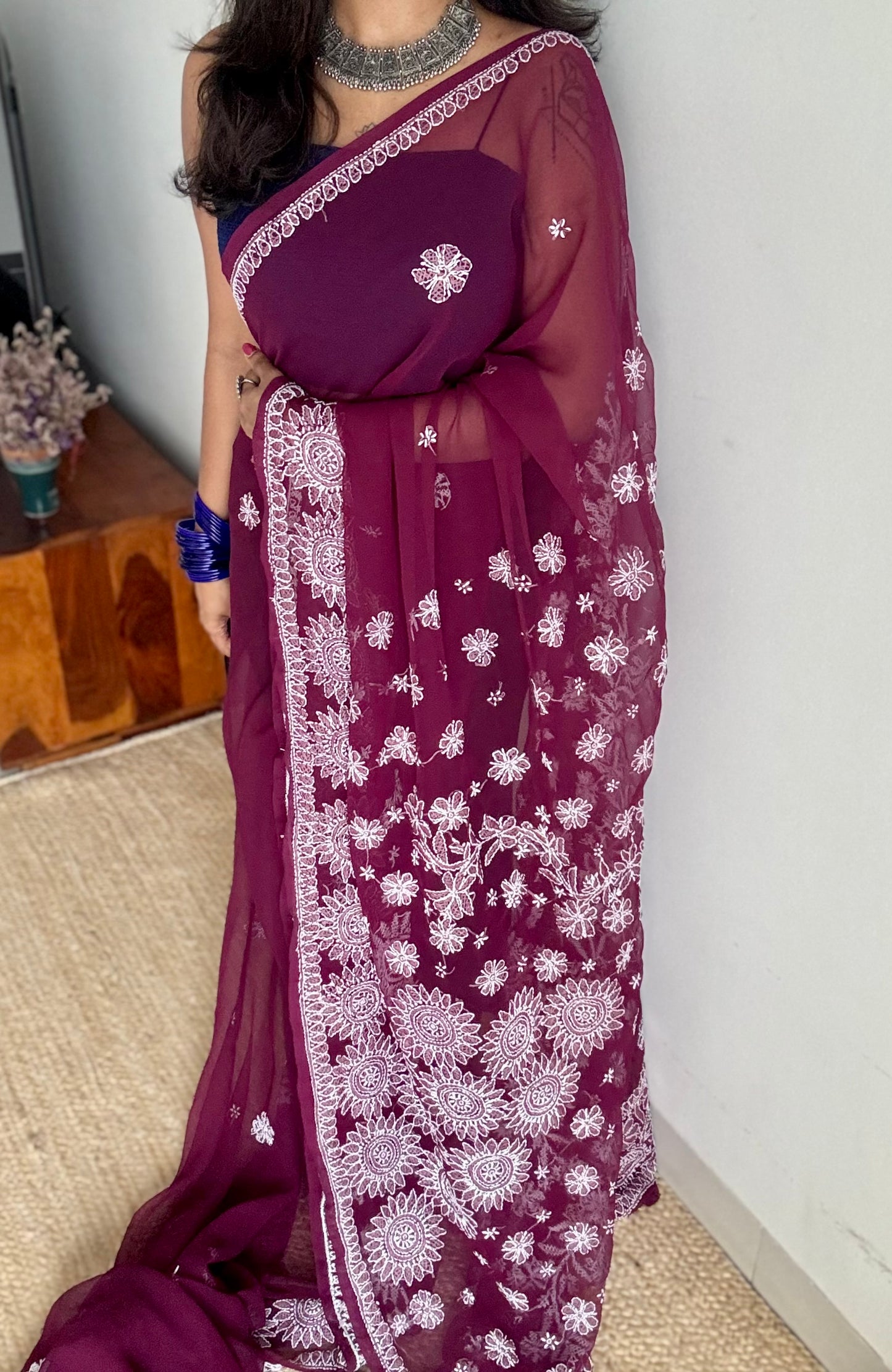 Gehra Gulaab (deep rose) - Deep Wine Chikankari, georgette YCSLCJULCK02