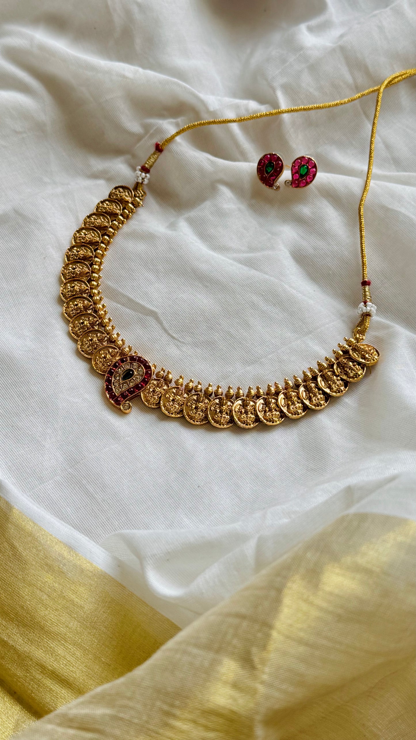 Coin neckpiece with mango pendant with stones, with earrings - YCGPNP737