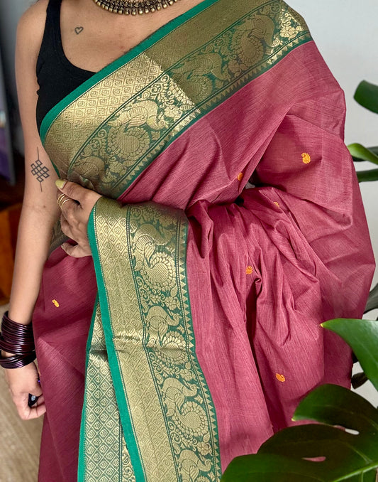 Terracotta red with green zari border kanchi cotton saree - YCCOTNCKSE18