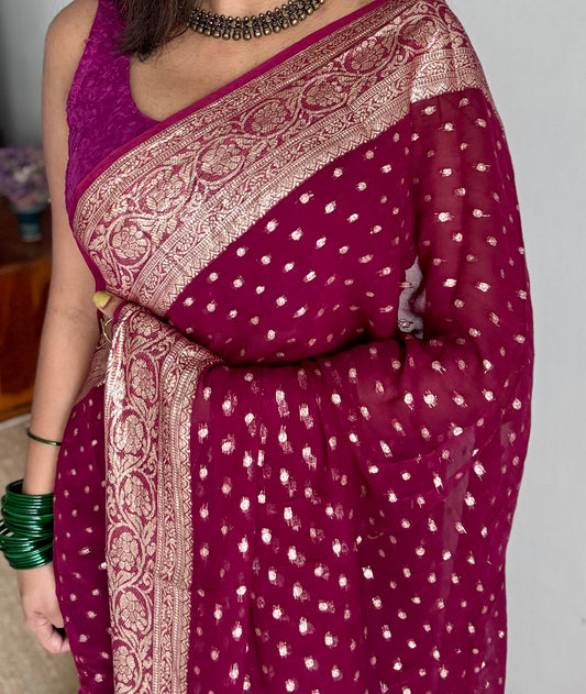 Ruby red viscose georgette saree with zari motifs - YCDOSFE203