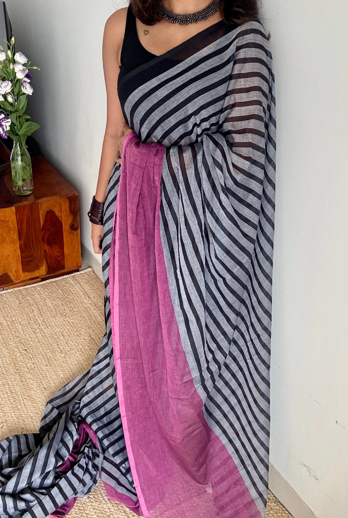 Black Mist - Pink and black stripes, reversible, mul cotton YCBCAUWSM01