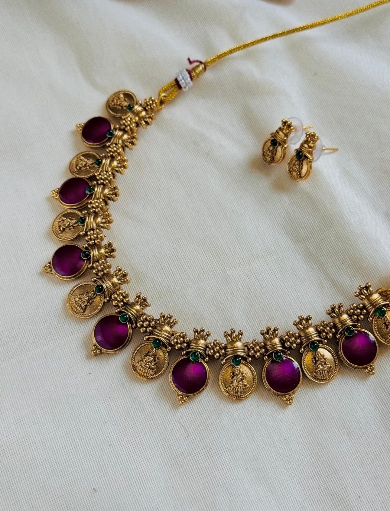 Coin necklace with purple pink (vadamalli) pendants, with earrings - YCGPNP772