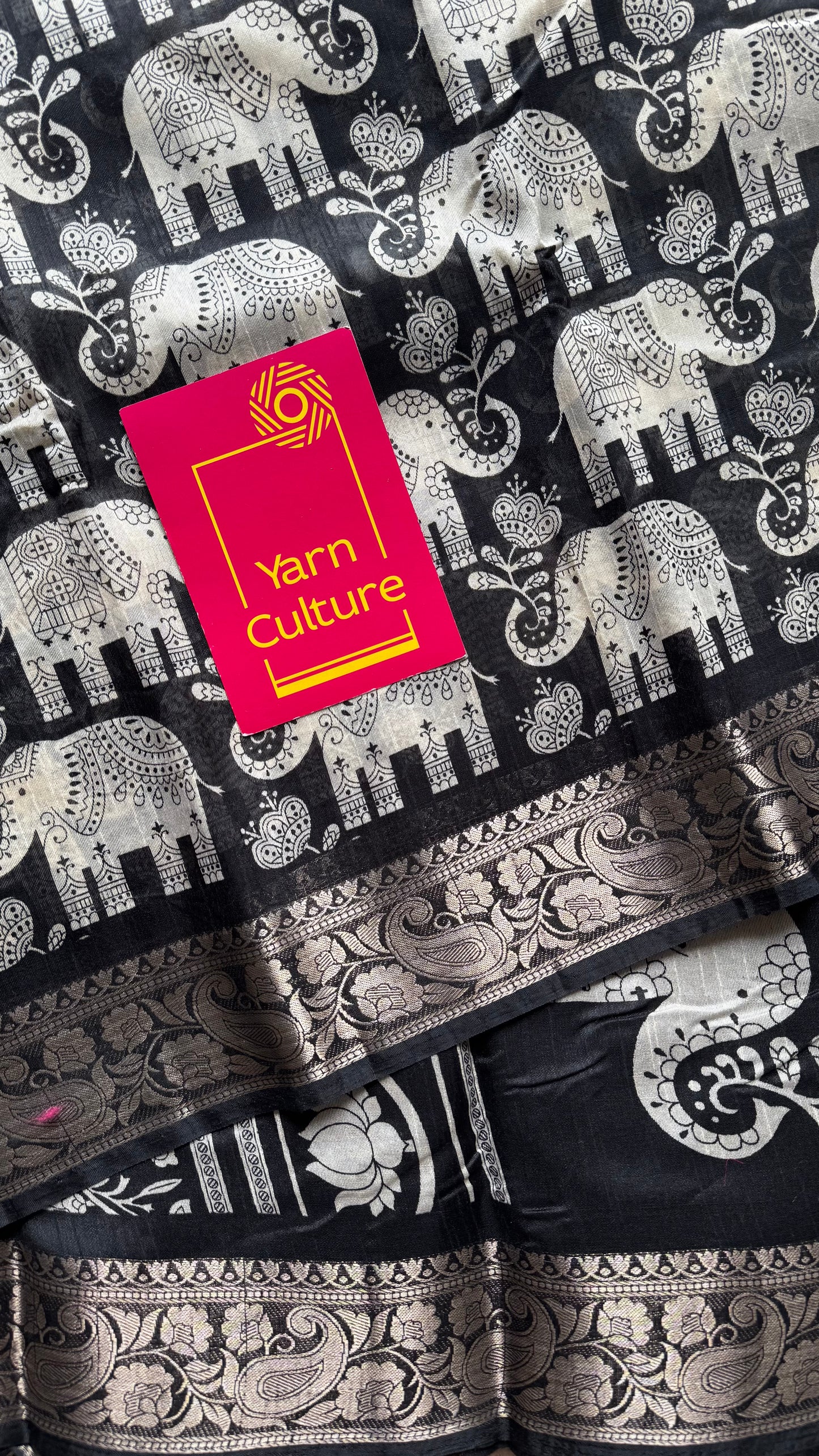 Black and white, printed kalamkari, elephant motif, semi-tussar - YCWOTDSTK04