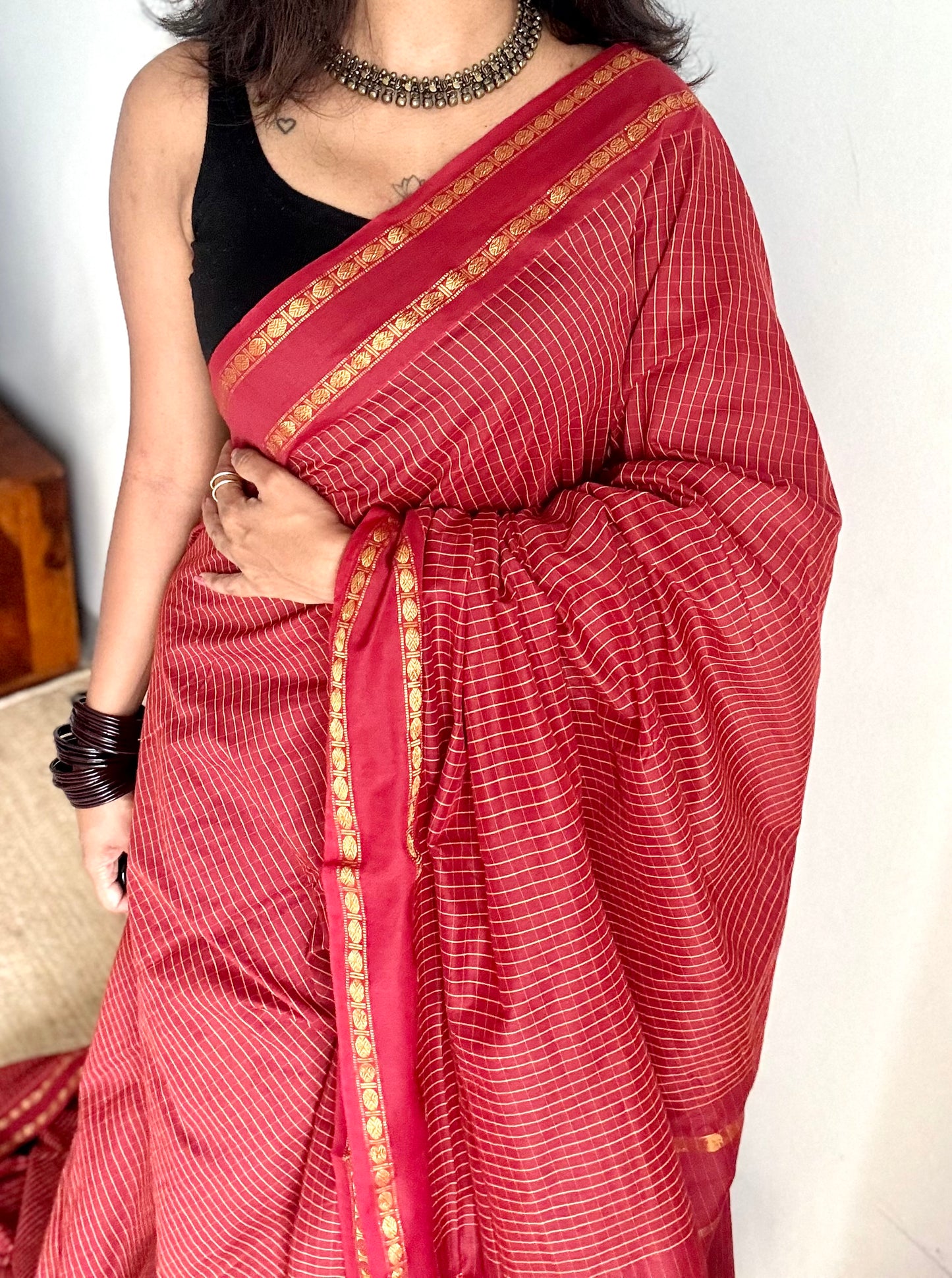 Maroon, arani checks, cotton silk - YCCOTNJUAR04