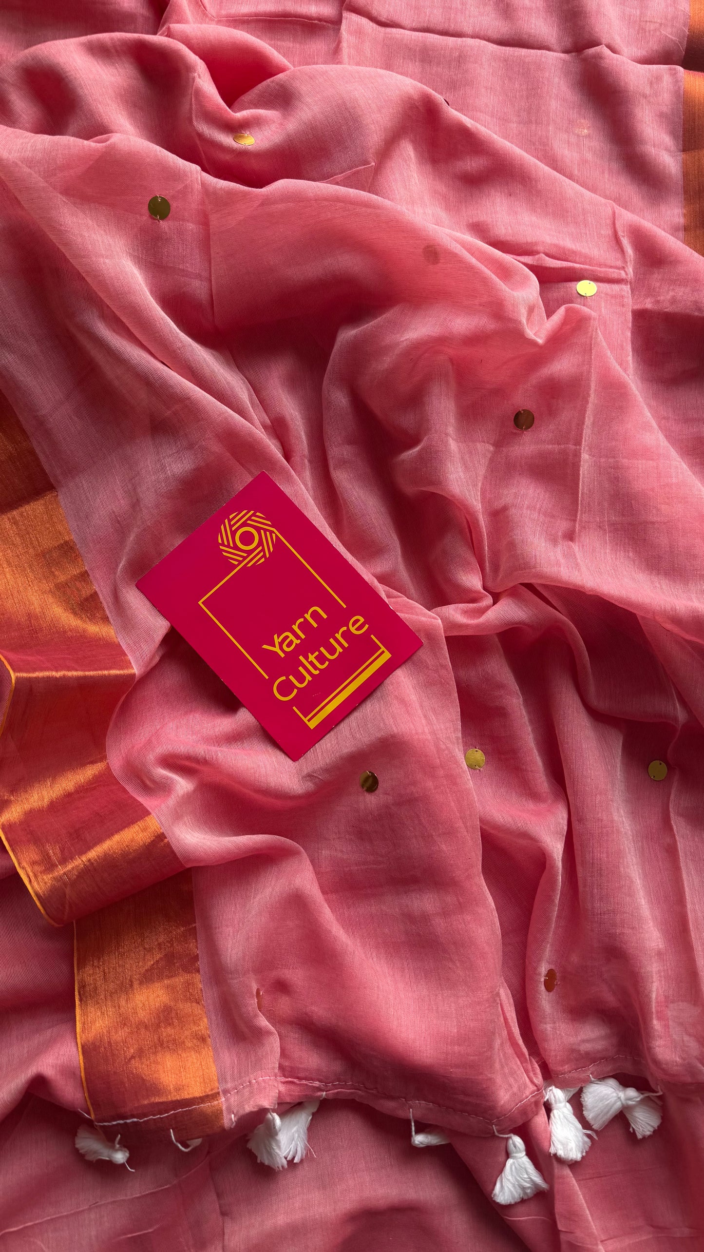 Pink mul with gini sequins and copper zari border - YCBCMCNO58
