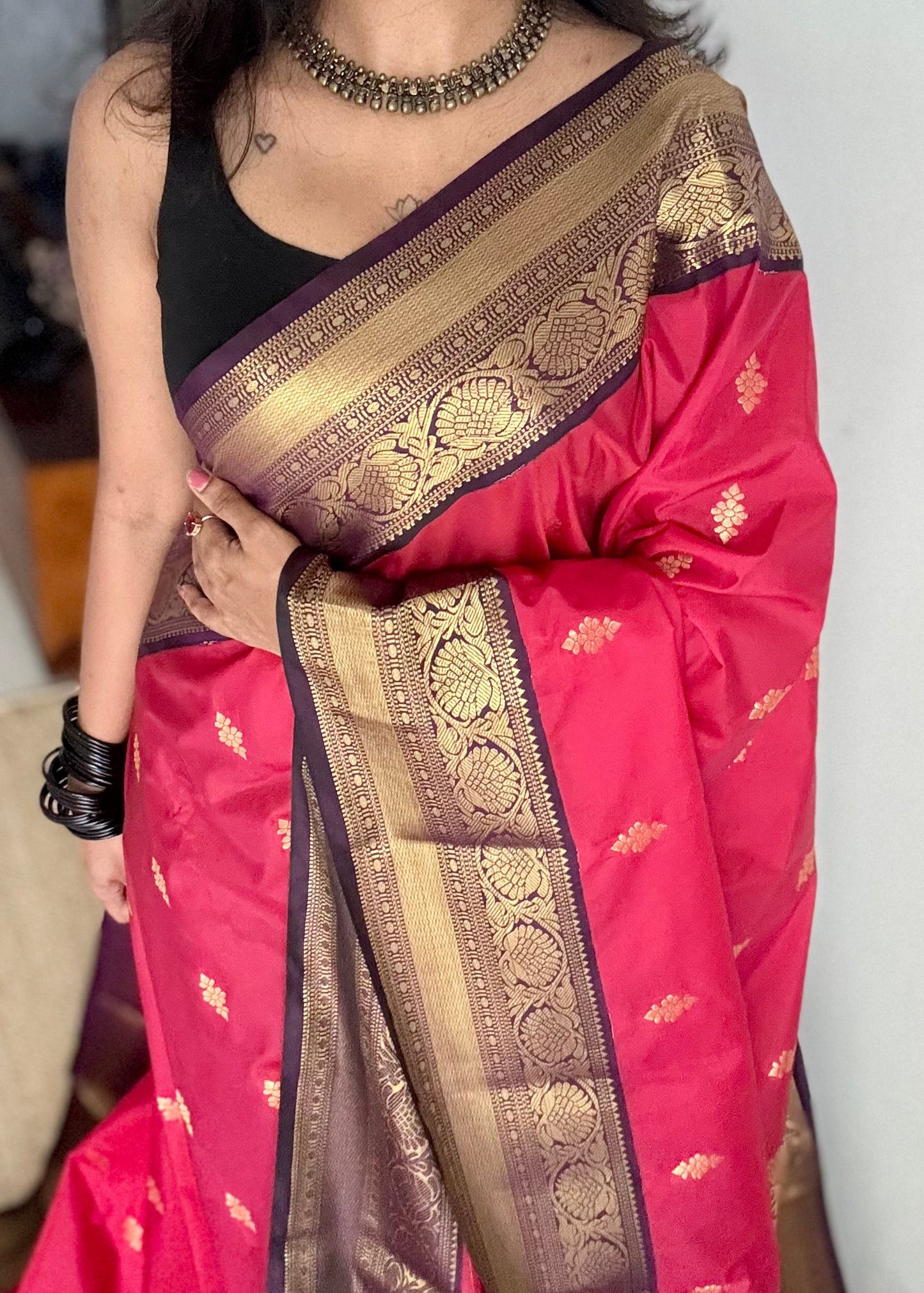 Vamika - rani pink with deep grape purple, handloom korvai semi silk - YCCOTNFEJUKS05