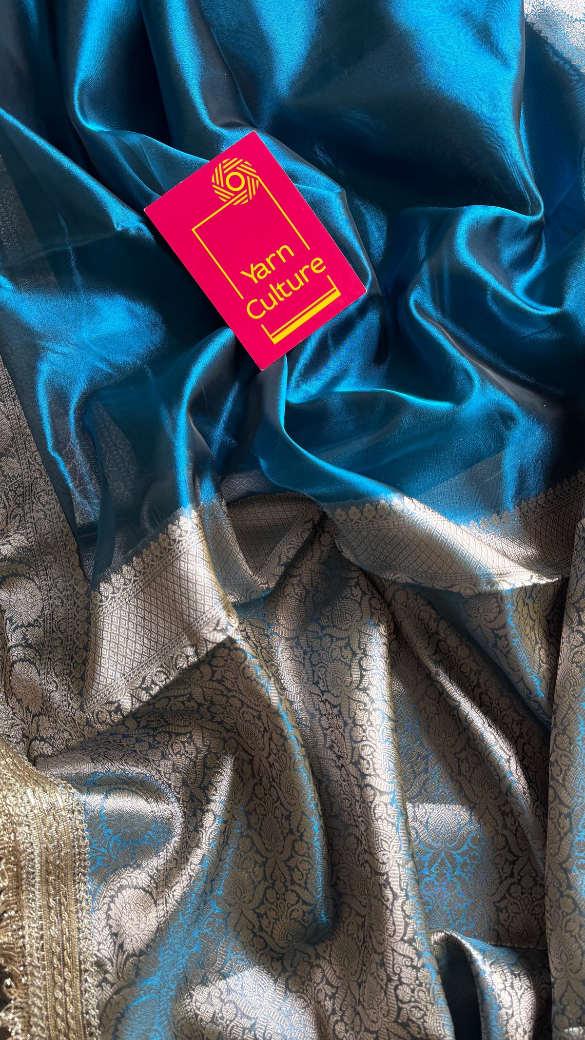 Peacock blue tissue Banarasi saree with embellished gold lace border - YCBLTOC77