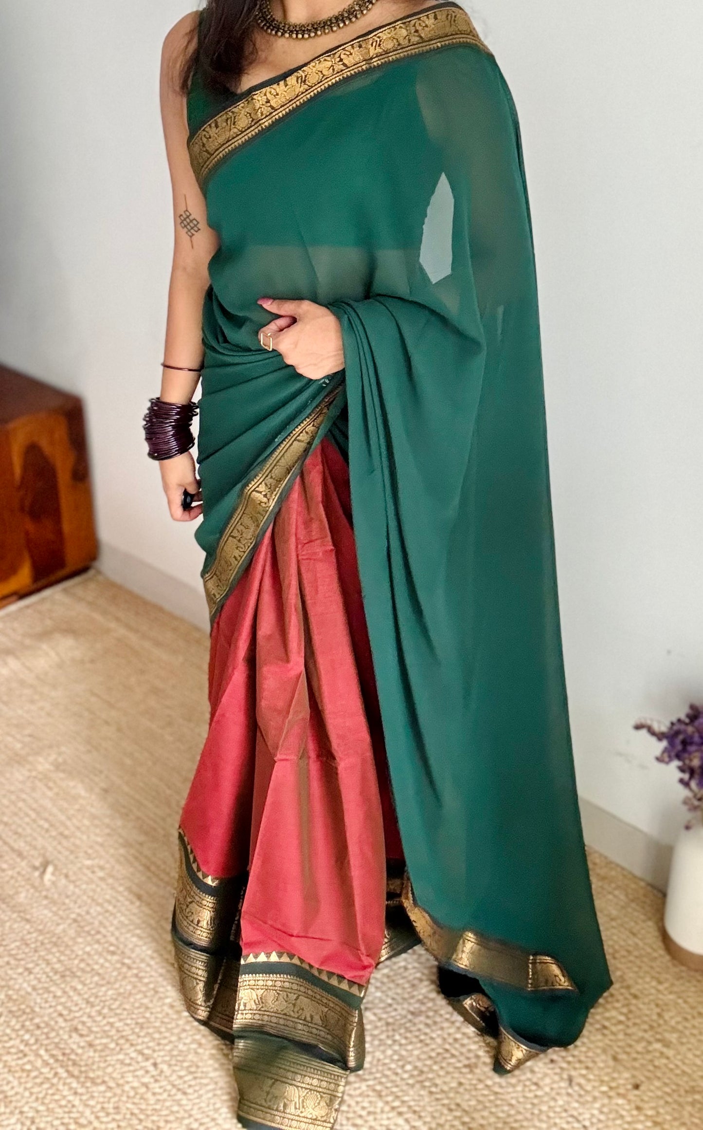 Dual tone Maroon - Green unstitched half saree material (dhavani), kanchi cotton - YCIEHS209