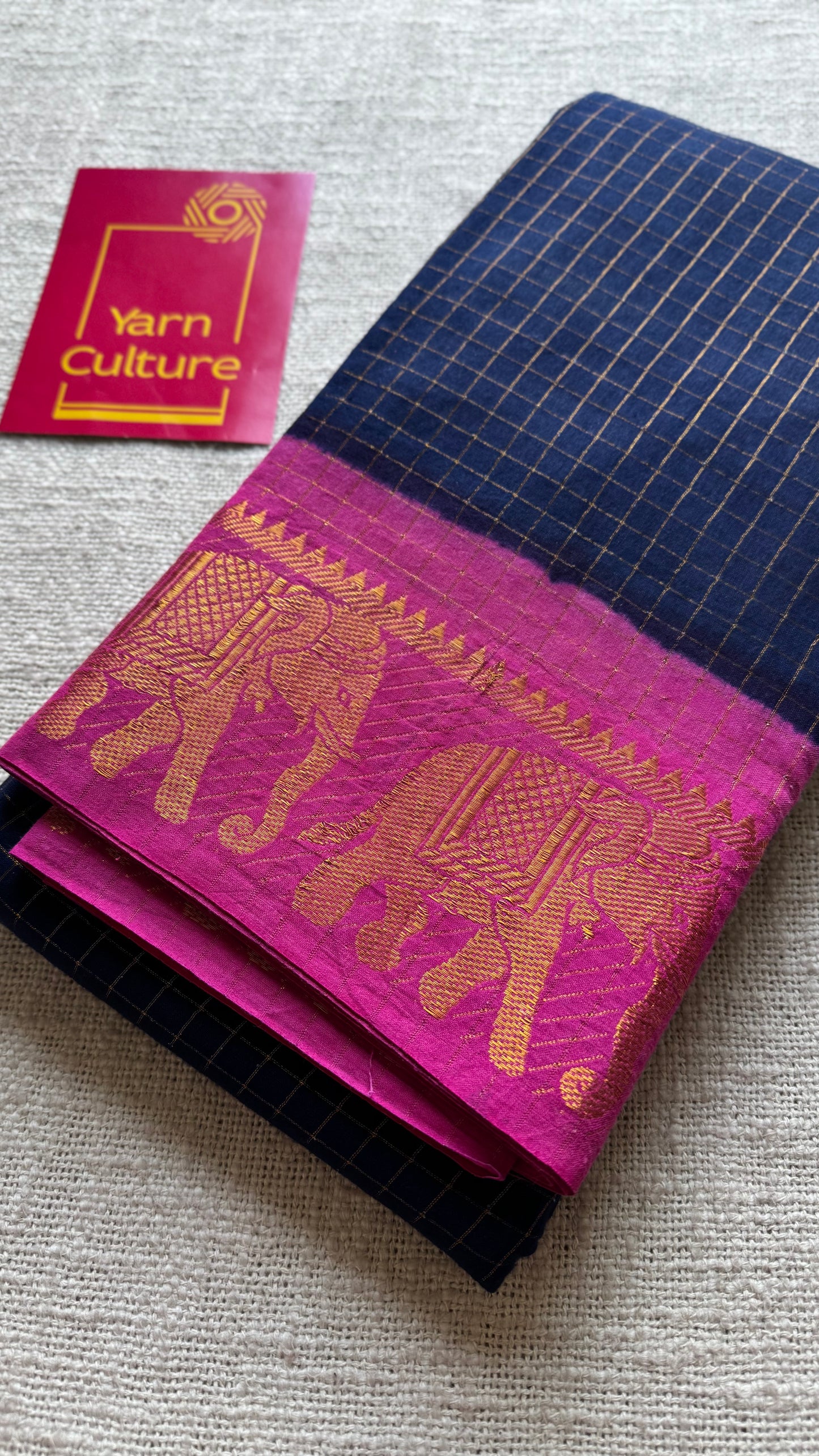 Dark blue with pink checkered sungudi, madurai cotton - YCCOTNOCSC20