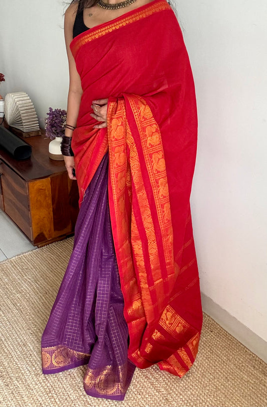 Chilli red and purple, sungudi cotton half-half saree - YCCOTNIDMA309